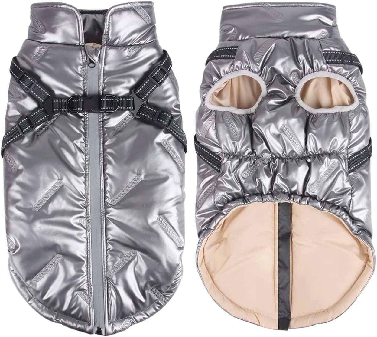 Zimní bunda pro psa, voděodolný a zateplený kabát s postrojem, šedá, XXL
