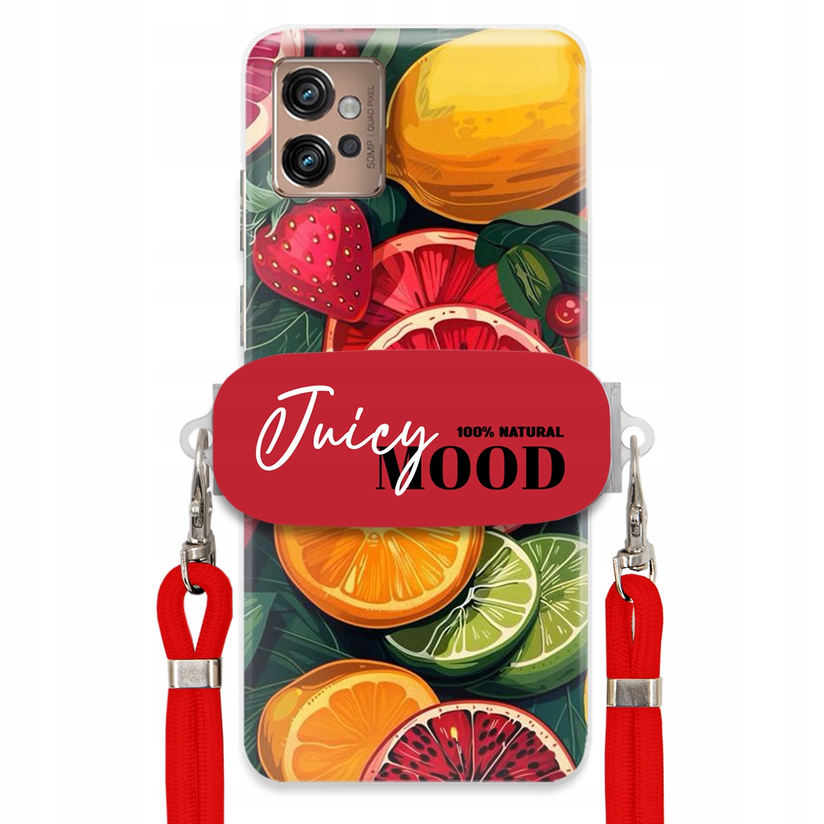Puzdro pre Motorola G32 Červené Crossbody vodítko držiak Juice Mood Ovocie