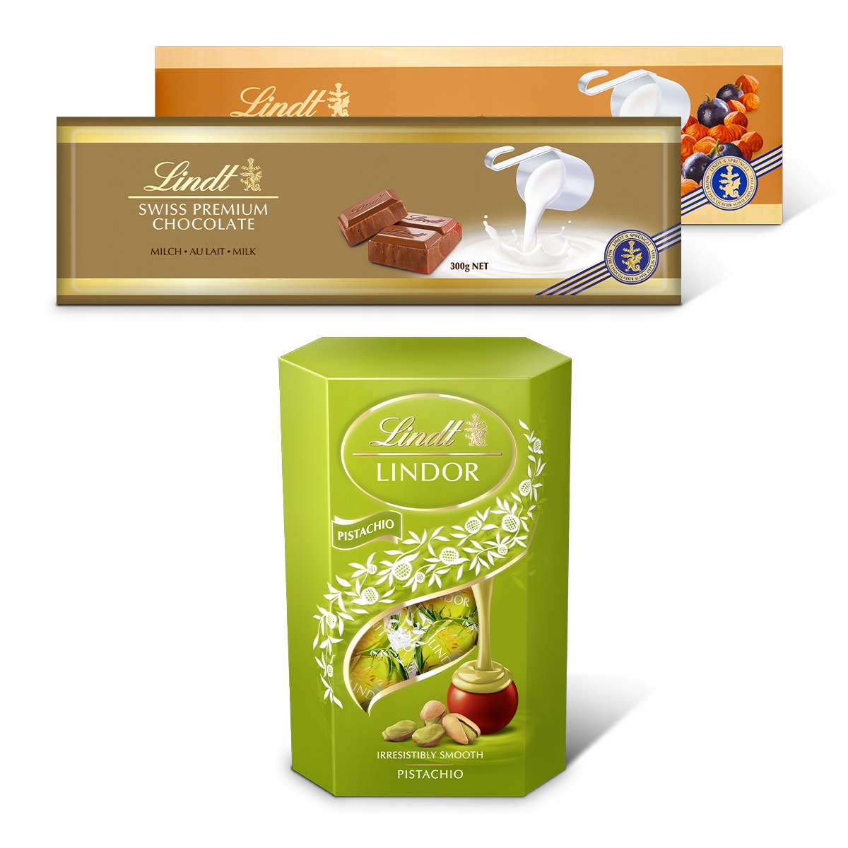 Zestaw Lindt czekolady Swiss 2x300g i pralinki Lindor pistacjowe 200g