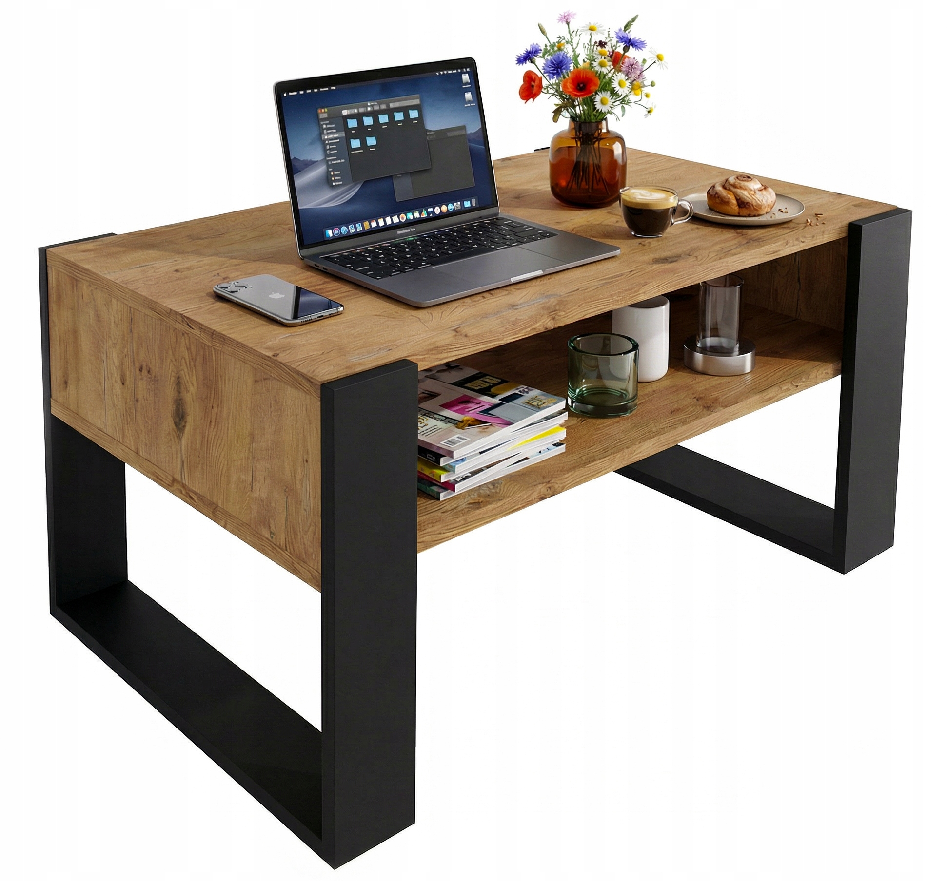 Konferenční stolek Karo 92 cm s policí Dub Lancelot/Černý loft 92x53,6x45