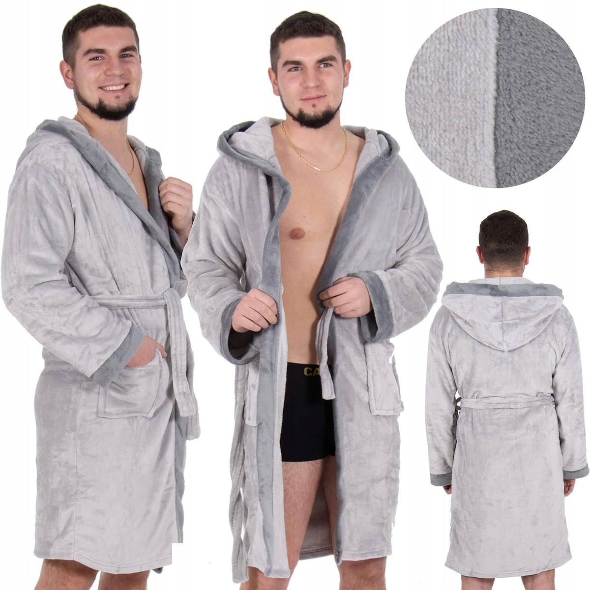 SZLAFROK MĘSKI SZARY CIEPŁY DŁUGI JAKOŚĆ ELEGANCKI Z KAPTUREM R.M/L Szerokość pod pachami 61 cm