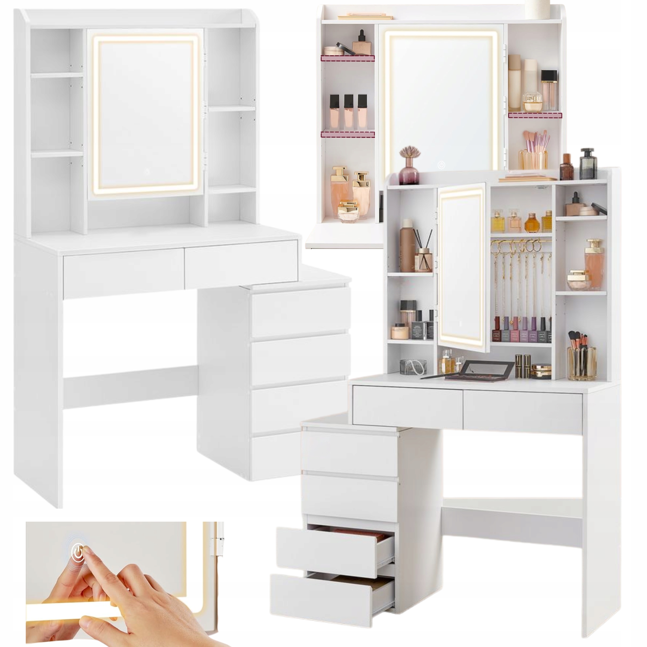 Toaletka Biela so zrkadlom a zásuvkami Stolík Kozmetický stôl Led Komoda