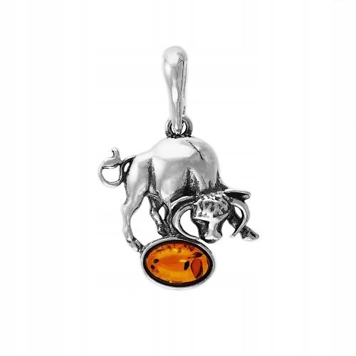 Originální Stříbrný Býk přívěsek znamení zvěrokruhu Stříbro ag925 s Jantarovým Baltským