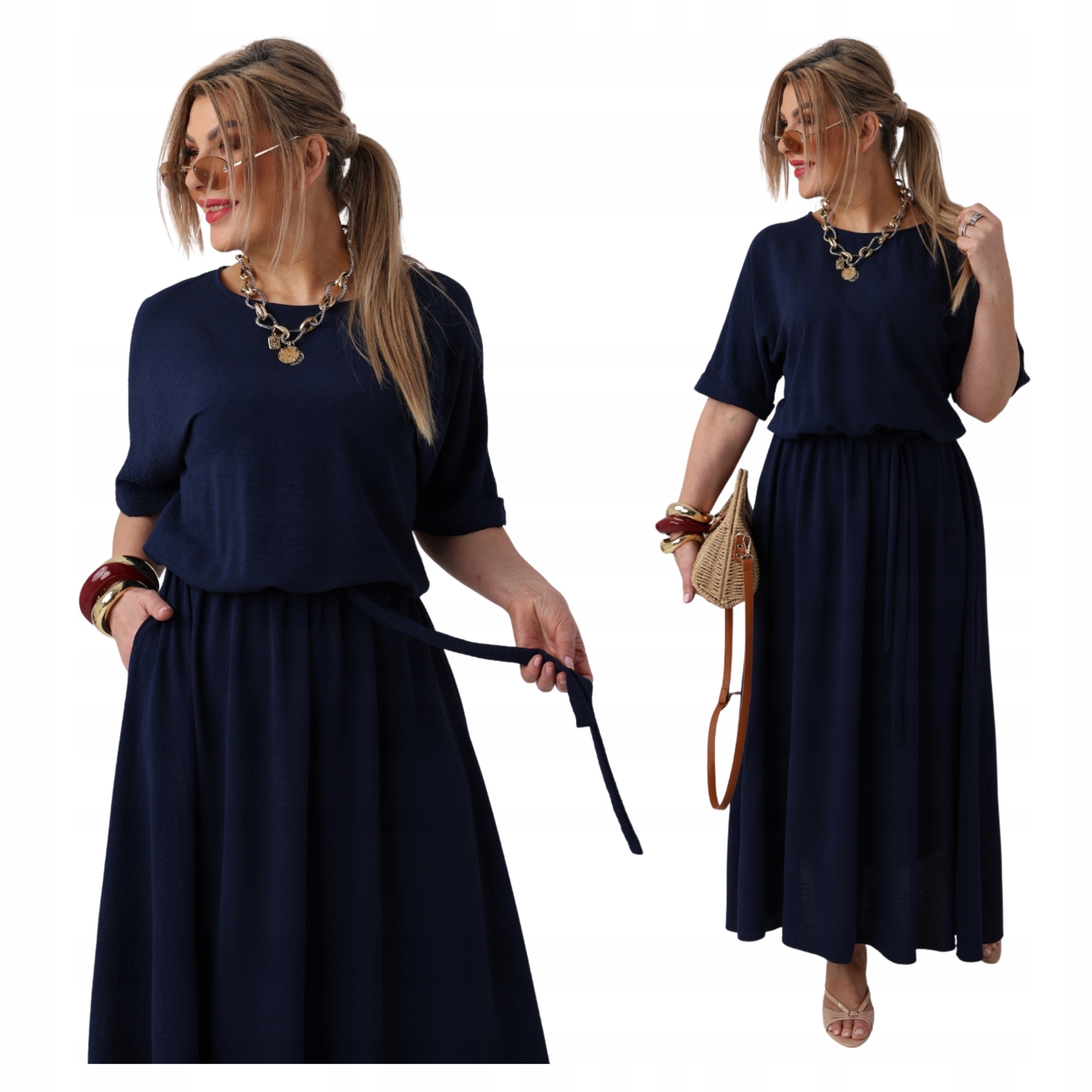 Długa Sukienka Maxi Z Kieszeniami Z Paskiem Wiązana Letnia Wizytowa Zwiewna