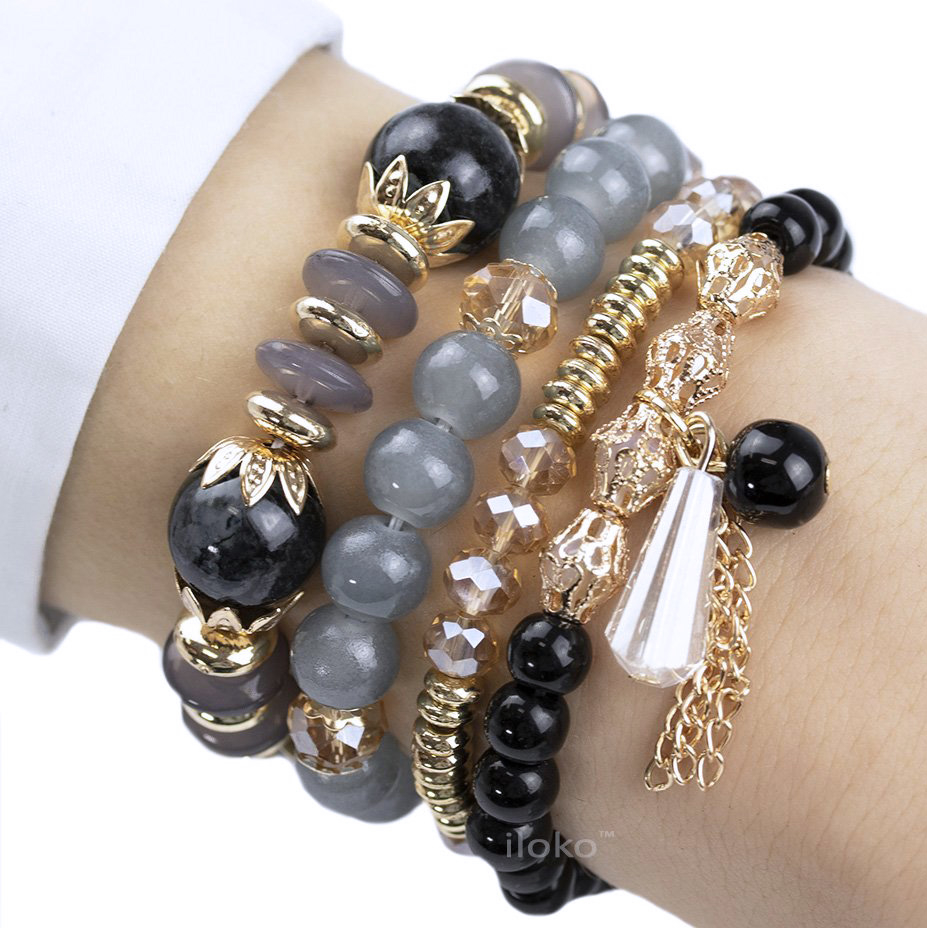 

Zestaw Bransoletek koraliki Szare kryształek