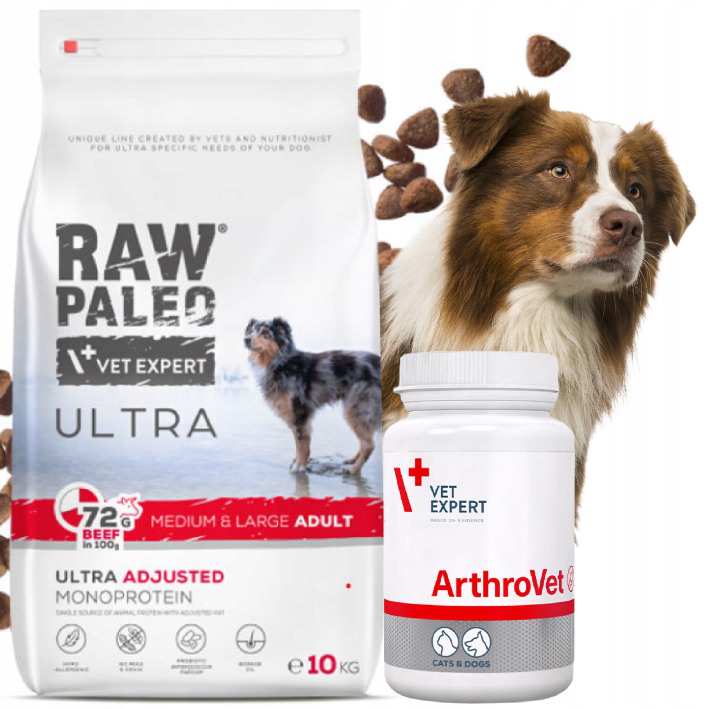 Sucha karma dla psa Raw Paleo Ultra Beef 10kg Arthrovet Vet Expert Zestaw