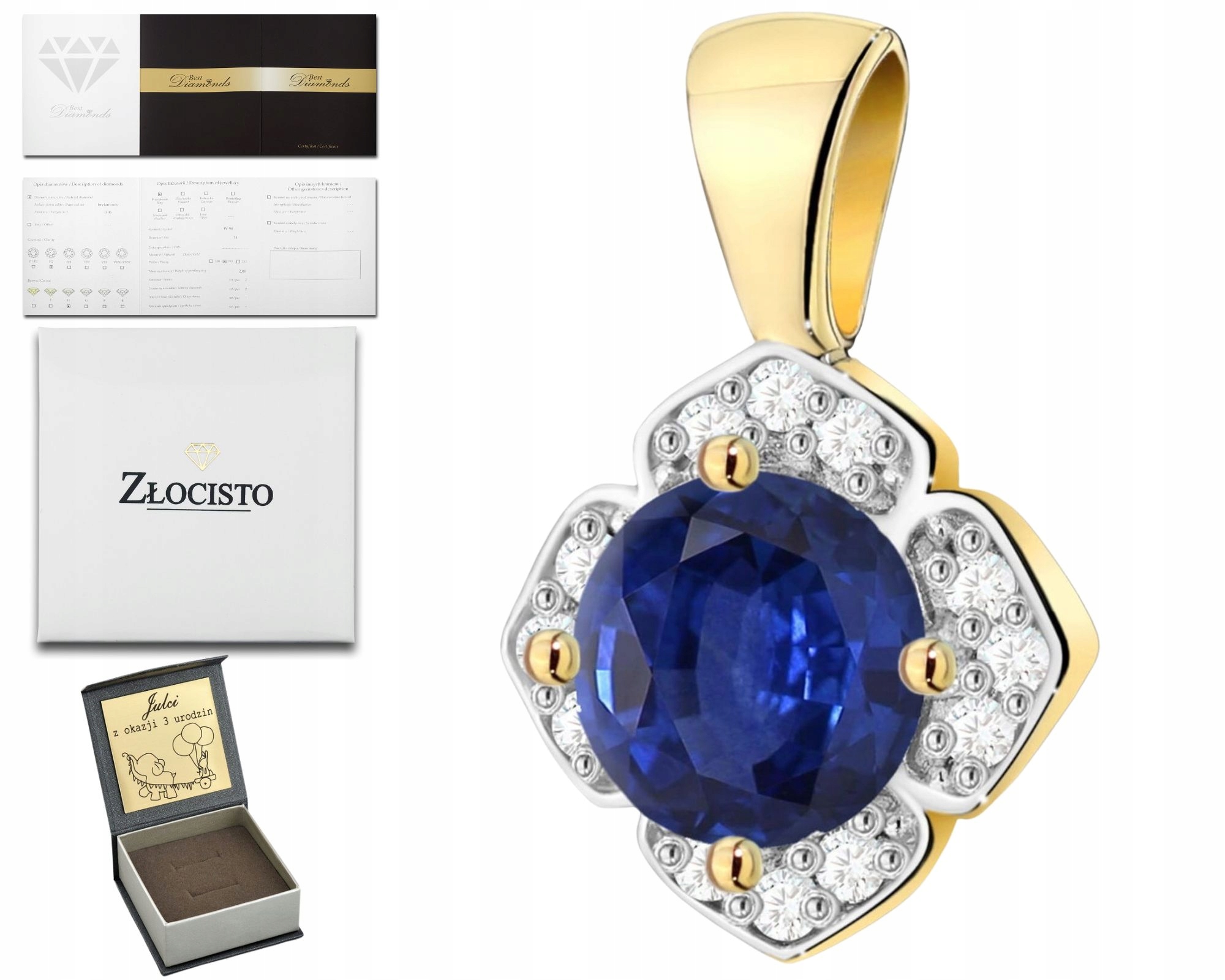 Zlatý Přívěsek Přírodní Kámen Safír A Brilianty 585 Dárek Pro Ženu