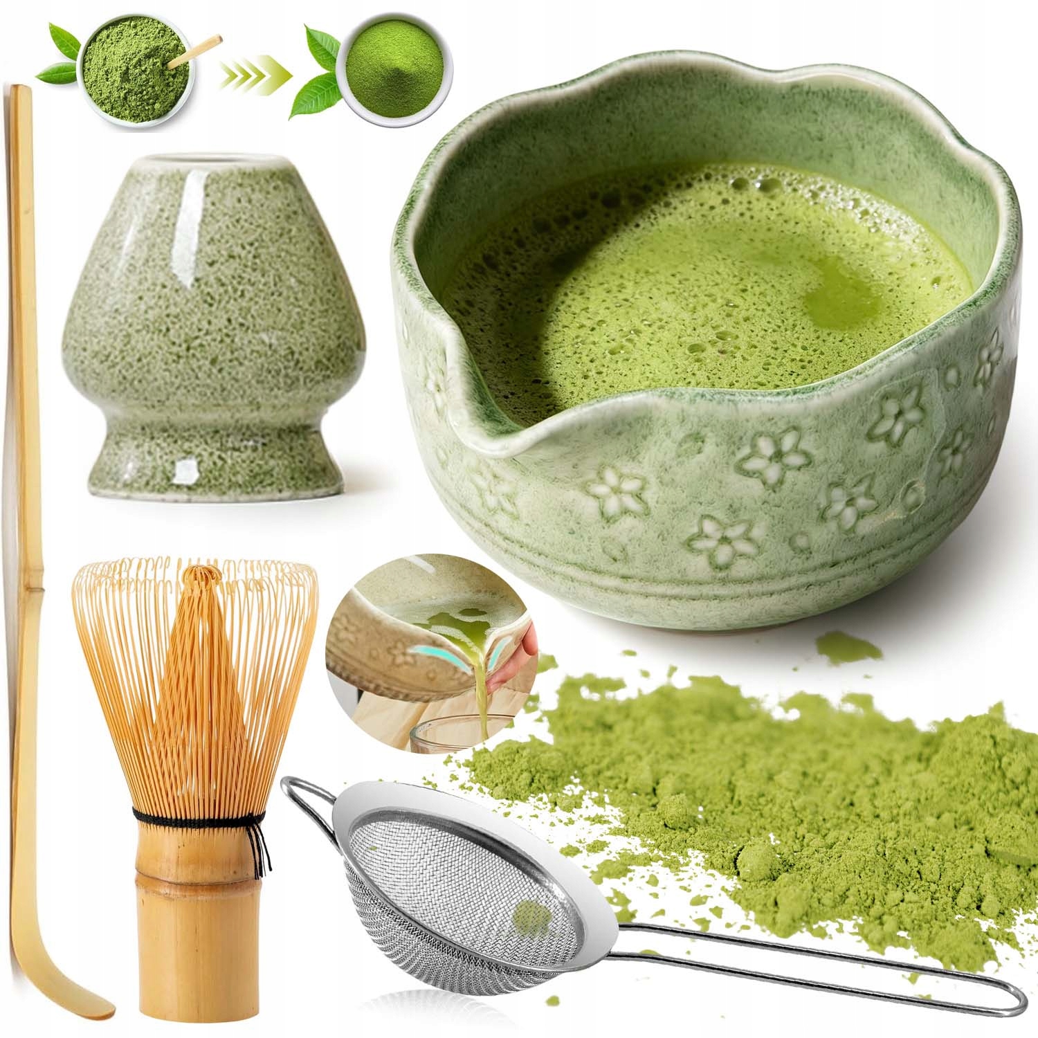 Zestaw Do Matchy Zielony Ceramiczny Czarka Podstawka Łyżeczka Miotełka 5W1