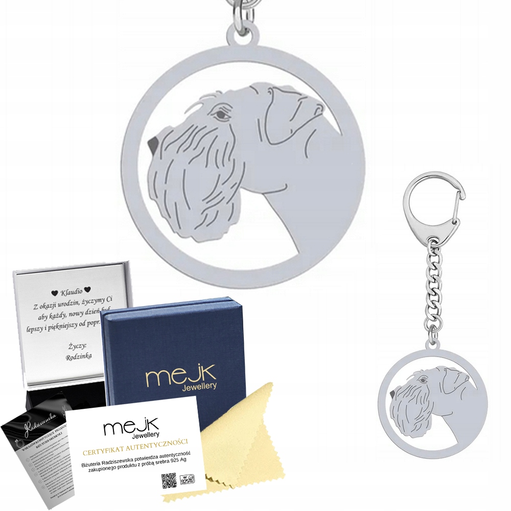 Přívěsek Na Klíče na klíče se psem Šnaucer Stříbro 925 Šperky Gravírování Bonus