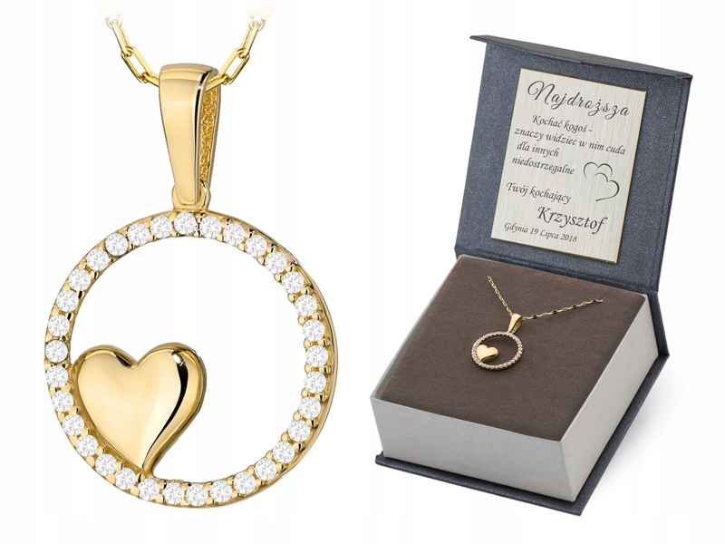 Zlatý Náhrdelník 42cm pr. 585 Přívěsek Srdce v kruhu Zirkony 14k