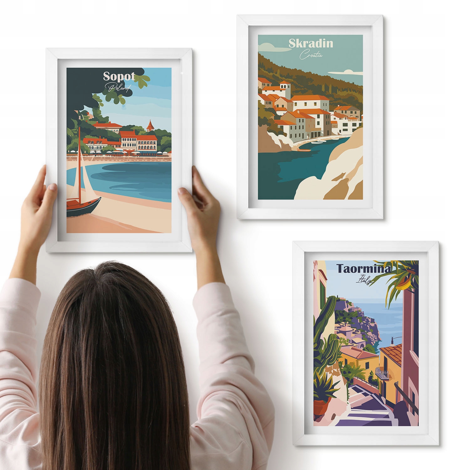 Nástěnná dekorace Obrazy Sada 3x 20x30 Pobřežní města ilustrace