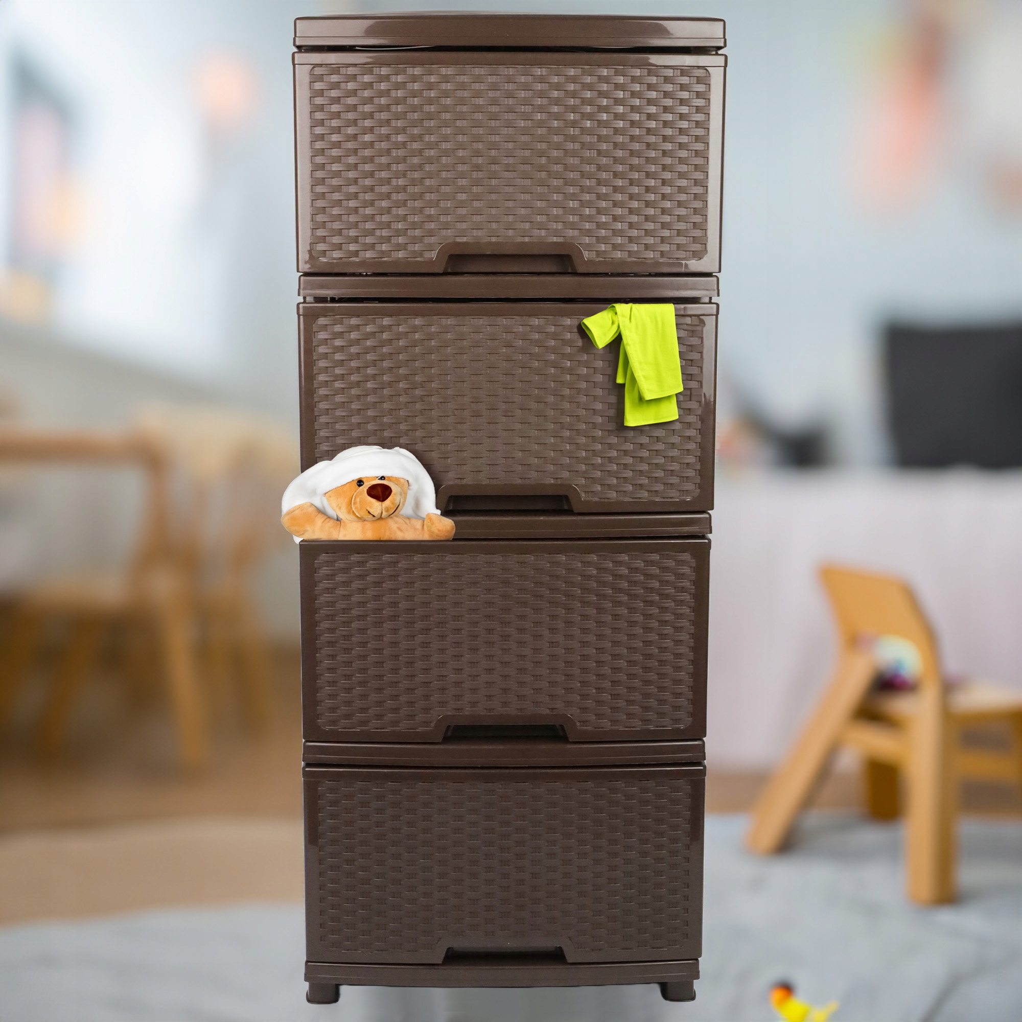 REGAŁ ŁAZIENKOWY BRĄZOWA KOMODA STOJAK SŁUPEK SZAFKA Z 4 KOSZAMI RATTAN