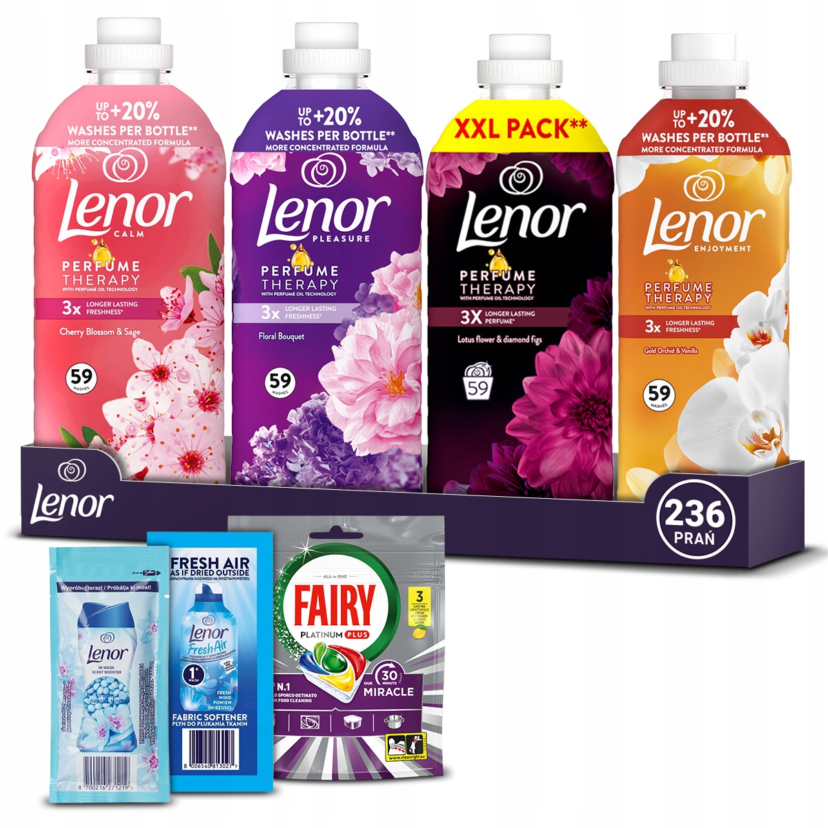 Zestaw płynów do płukania Lenor mix zapachów 236 prania 4x1,25L Gratisy