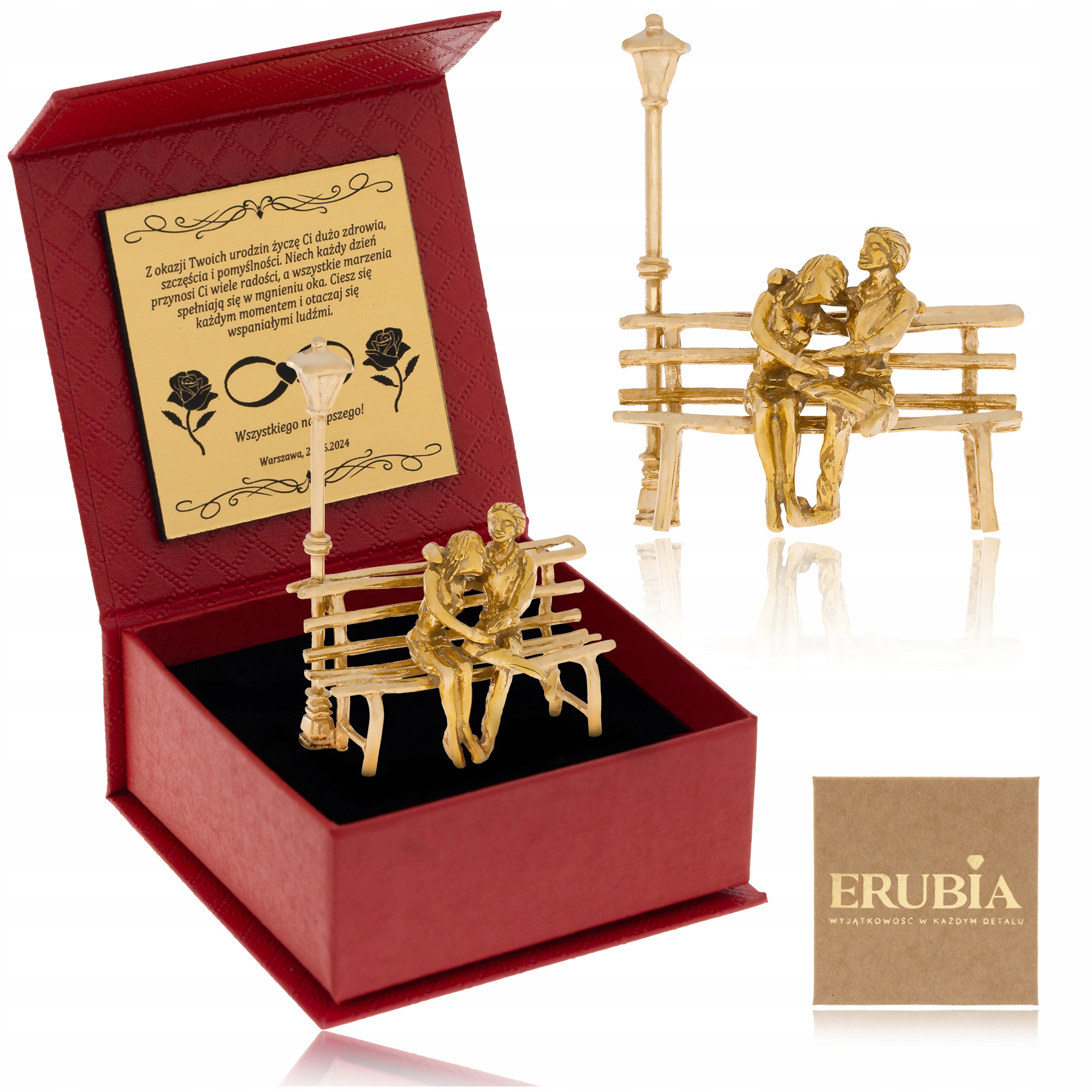 Pozlátená Figaurka „pár Na Lavičke“ Striebro Rýdzosť 925, Gravírovanie, Darček Na Svadbu