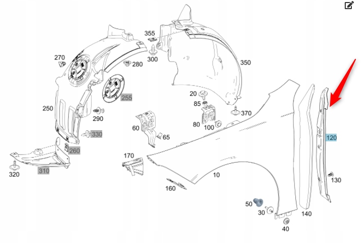 

Osłona Wyguszenie Błotnika Przód Mercedes A W177 P