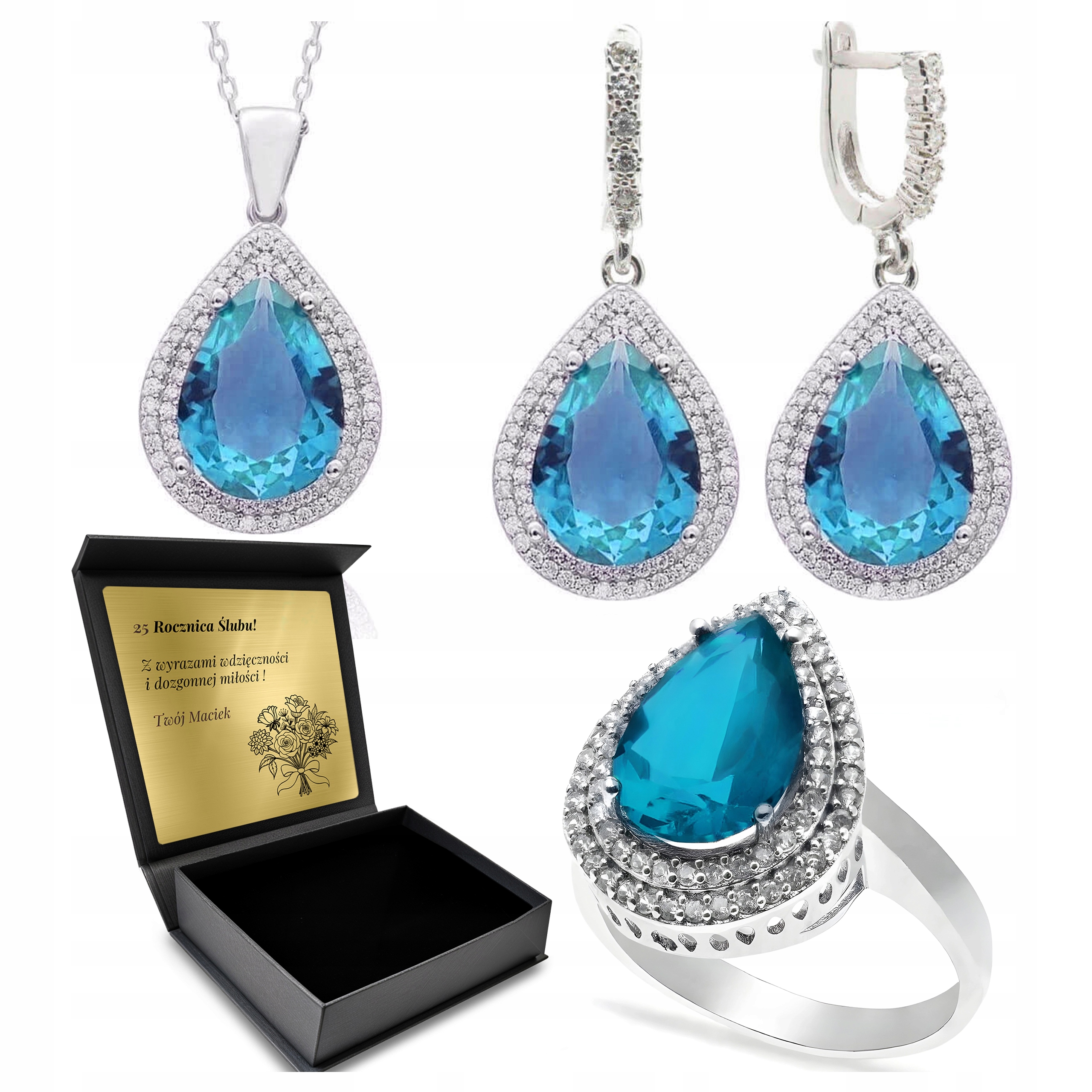 Komplet Stříbrných Šperků 925 Zirkony A Topaz Dárek pro ženu Gravírování