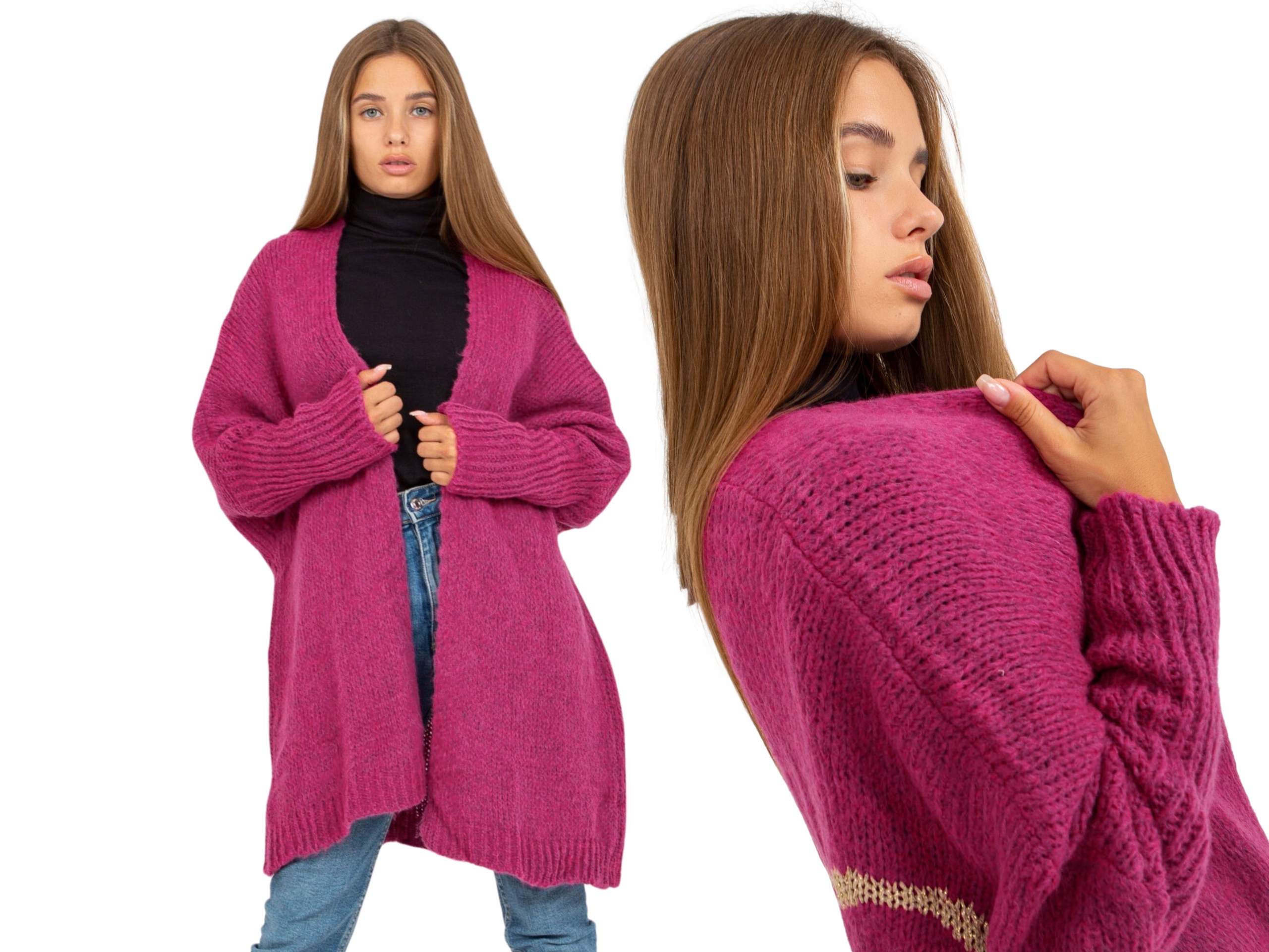 Kardigan dámský teplý oversize svetr s vlnou, růžový