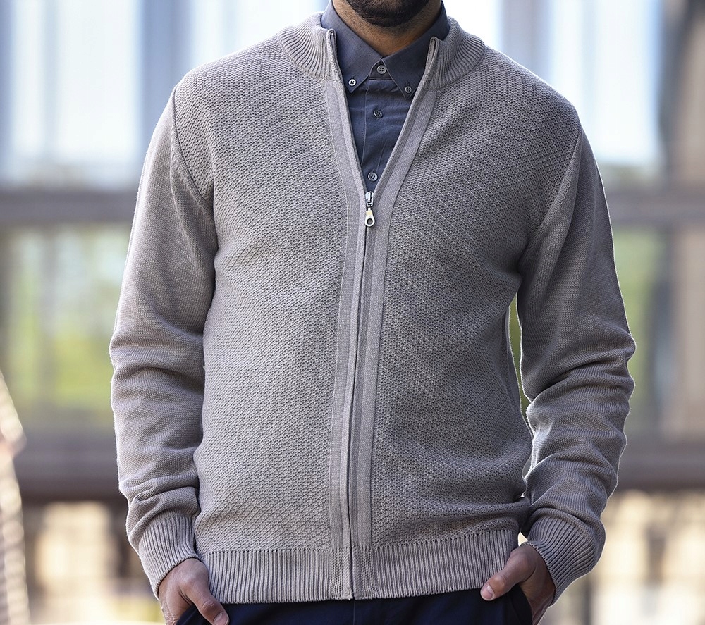 ELEGANCKI ROZPINANY SWETER MĘSKI - BEŻOWY L