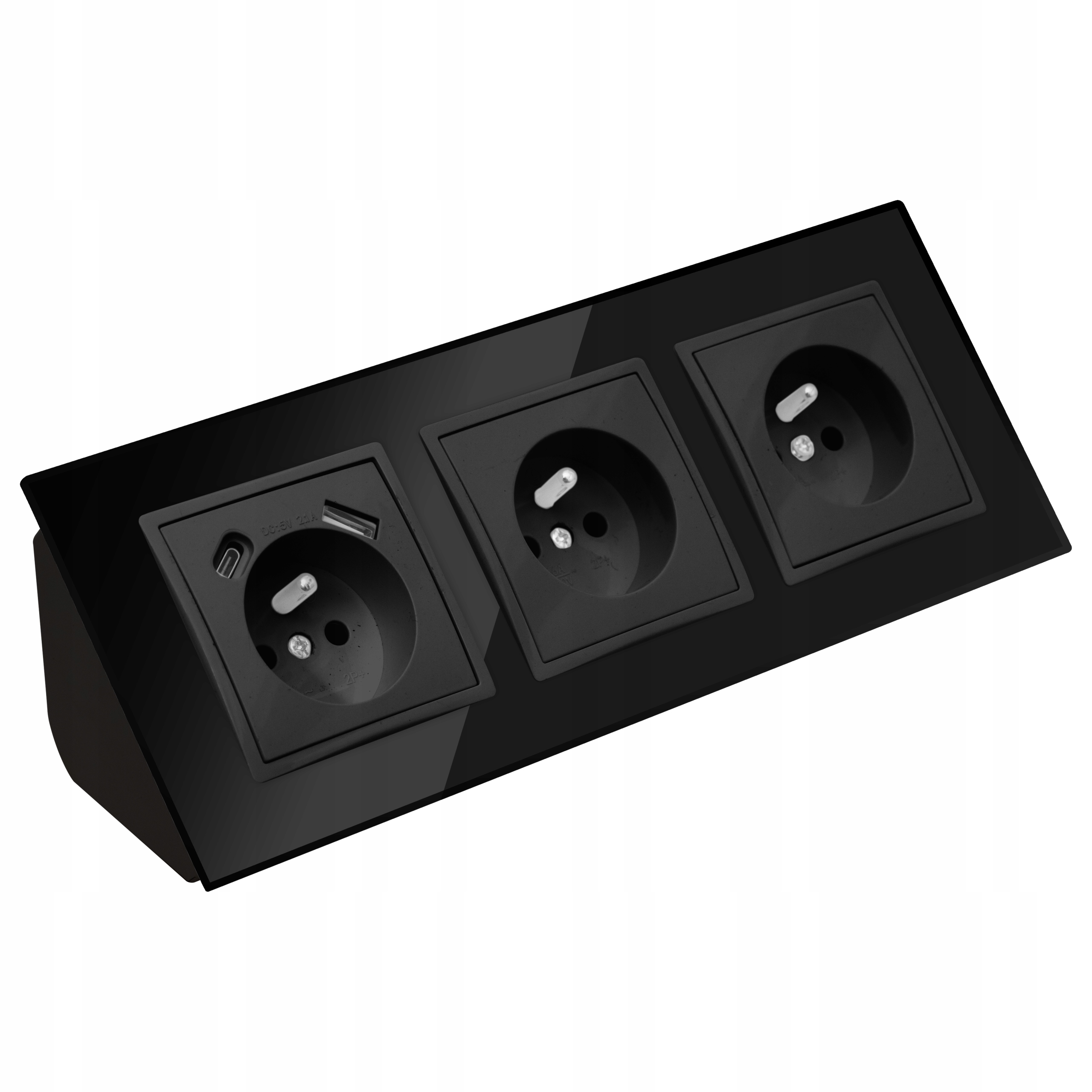 Gniazdo Potrójne Szklane Meblowe Narożne Usb Typ C Czarne Matowe Listwa