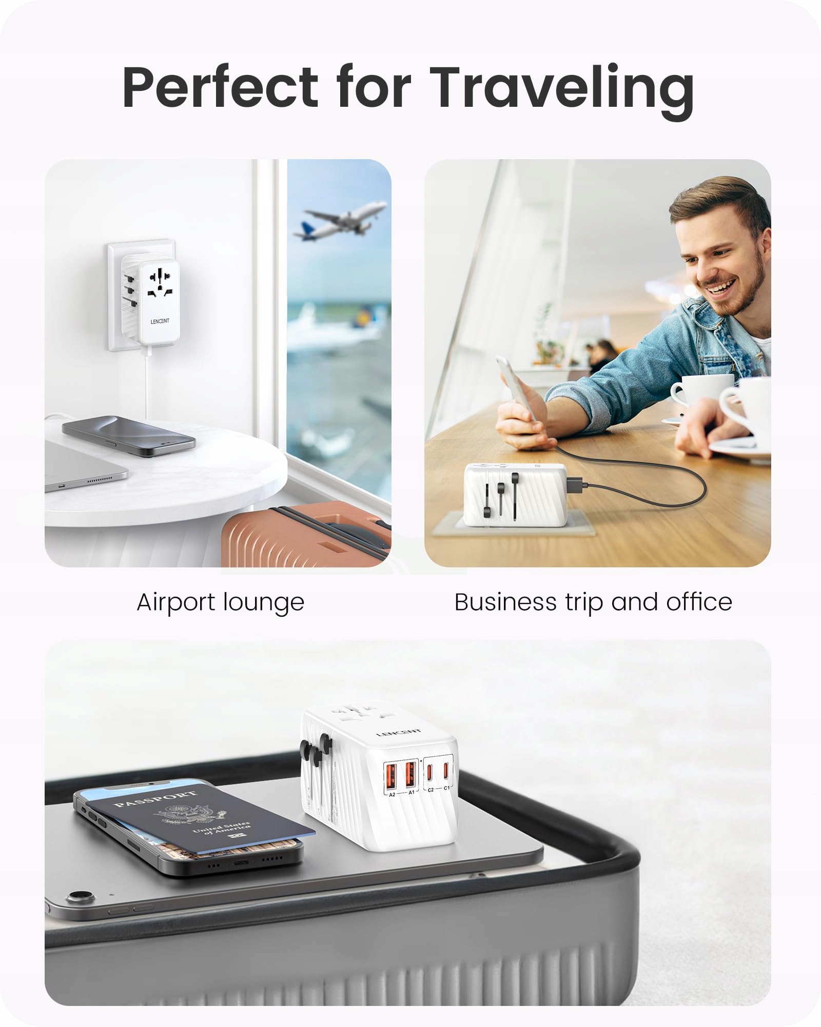 LENCENT Adapter Podróżny 100W GaN3 2x USB C 2x USB A EU USA UK AU — miniatura 7