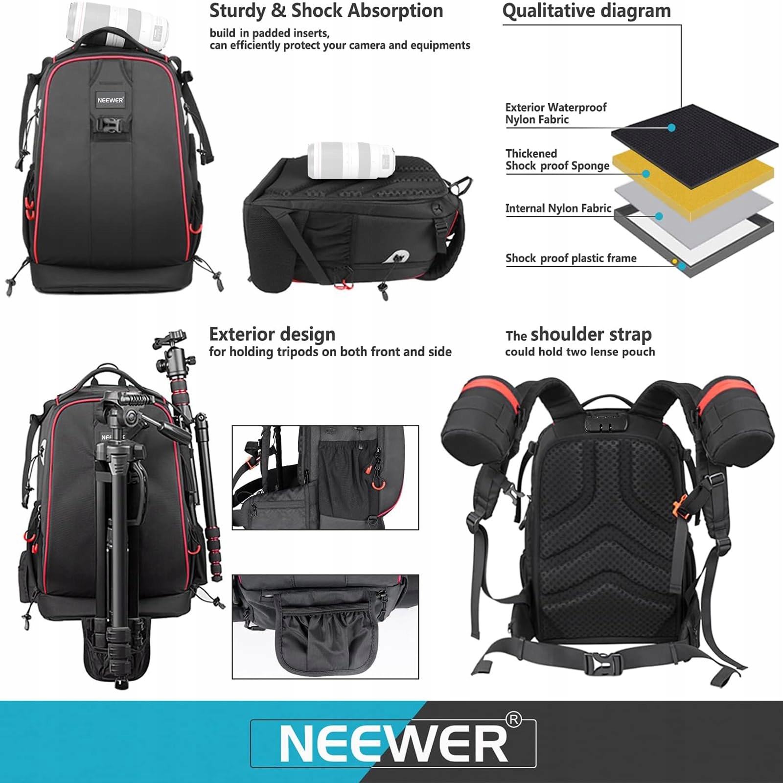 NEEWER Wodoodporny Plecak Na Aparat Z Zamkiem Szyfrowym Na Drony DSLR — miniatura 6
