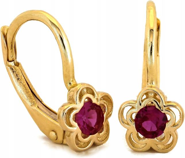 Náušnice zlaté 585 anglické s kytičkou a růžovým kamenem 14K, módní