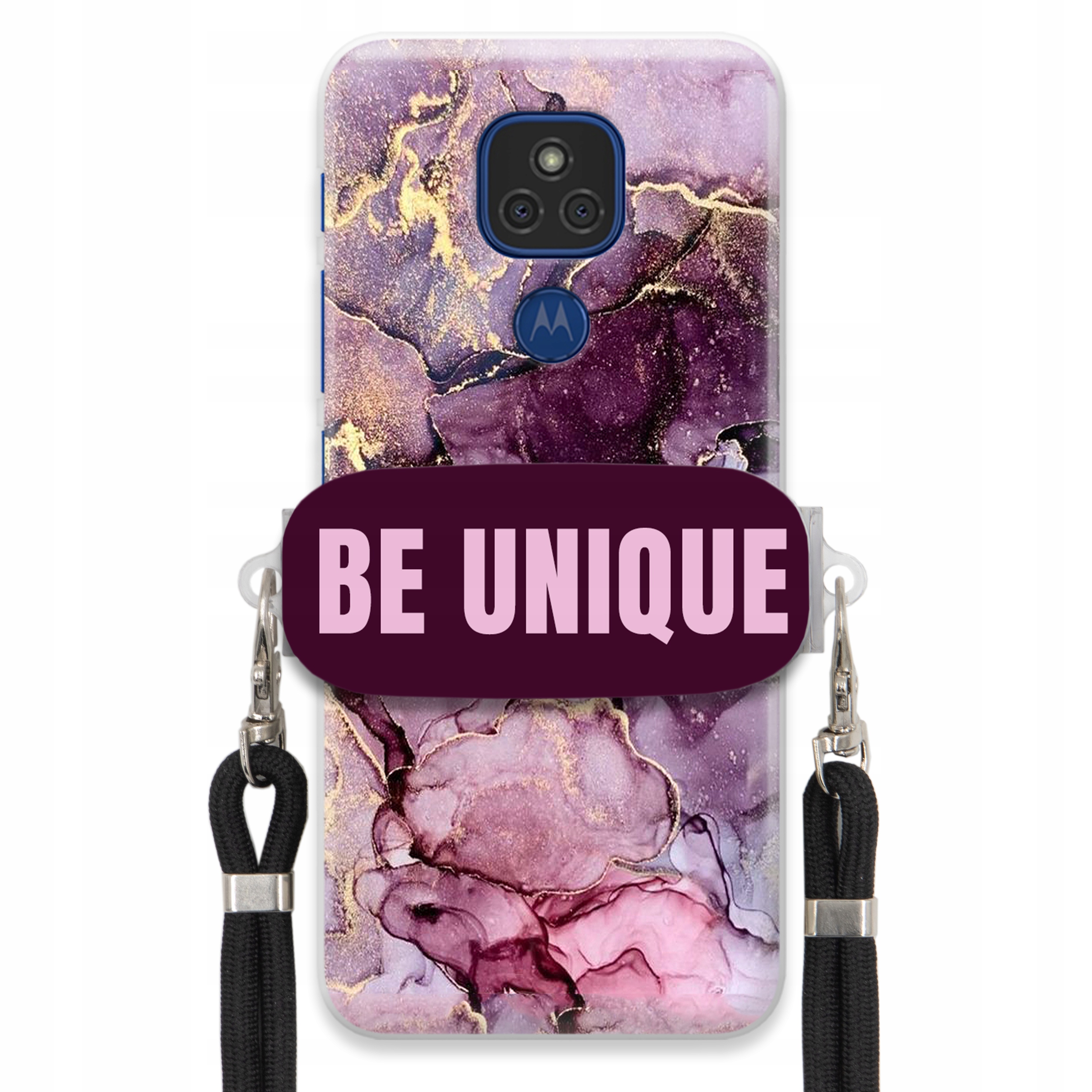 Pouzdro pro Motorola E7 Plus úchytka na šňůrku Černá Fialová Mramor Be Unique