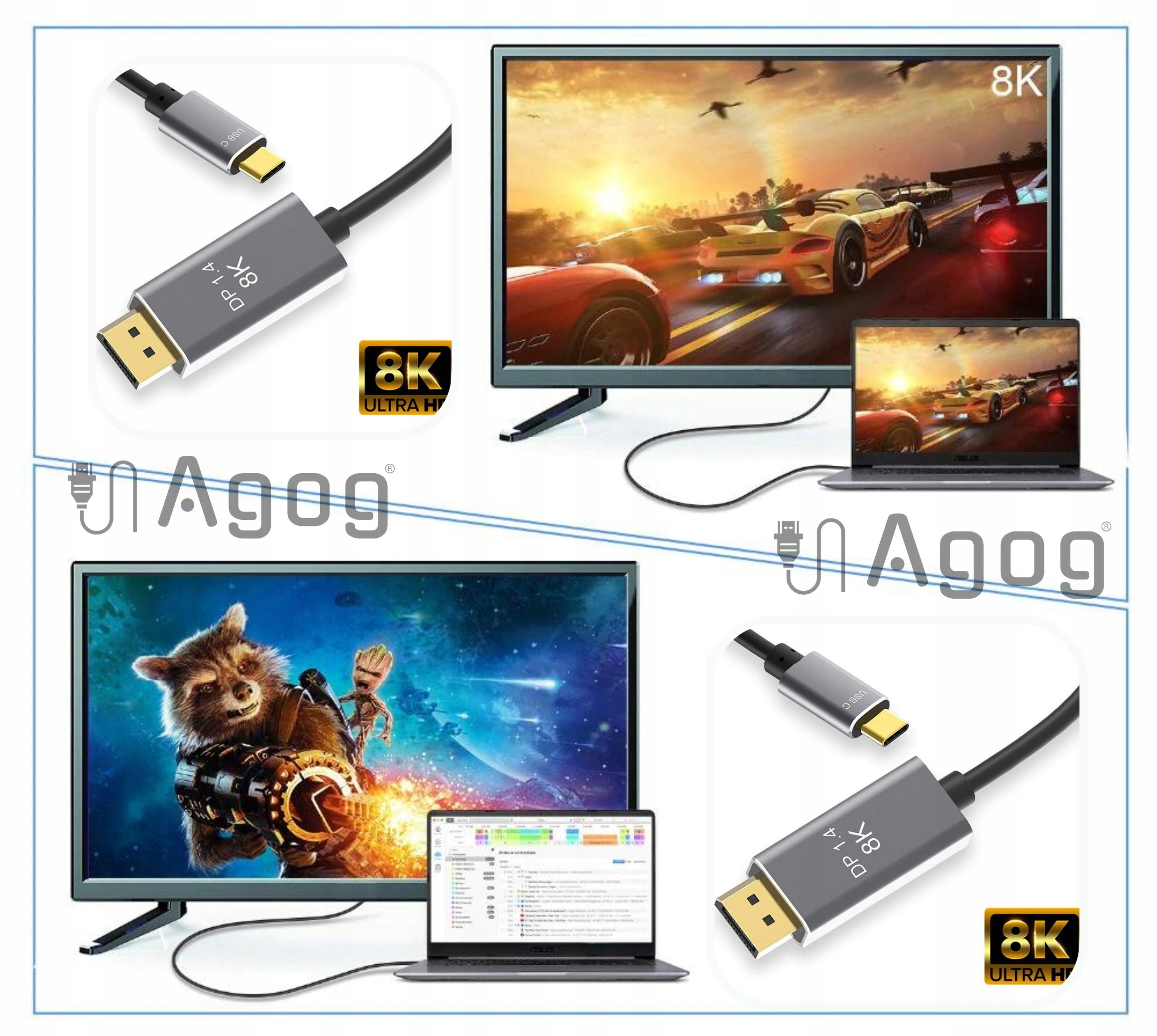KABEL USB-C DISPLAYPORT 1.4 DP TYP C 8K 30 HZ 4K MAC PRZEJŚCIÓWKA TYP-C Długość kabla 1.8 m
