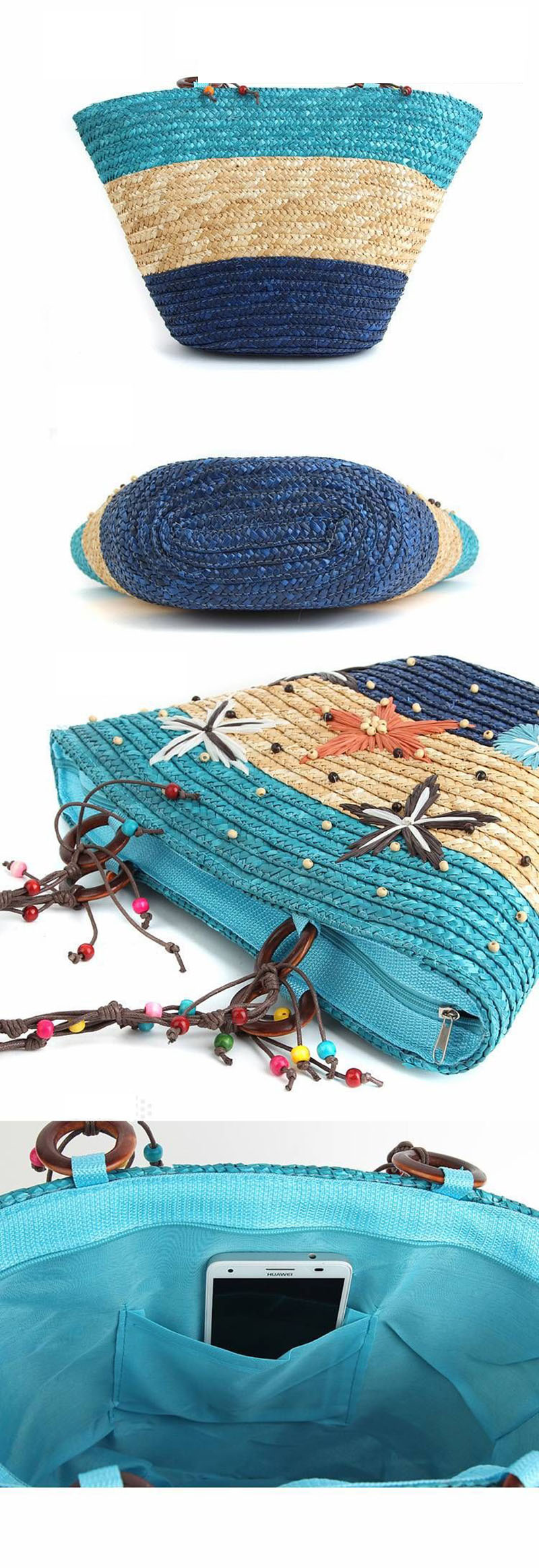 TOREBKA SŁOMKOWA KOLOROWA KOSZYK PLAŻOWY NIEBIESKI Marka inna