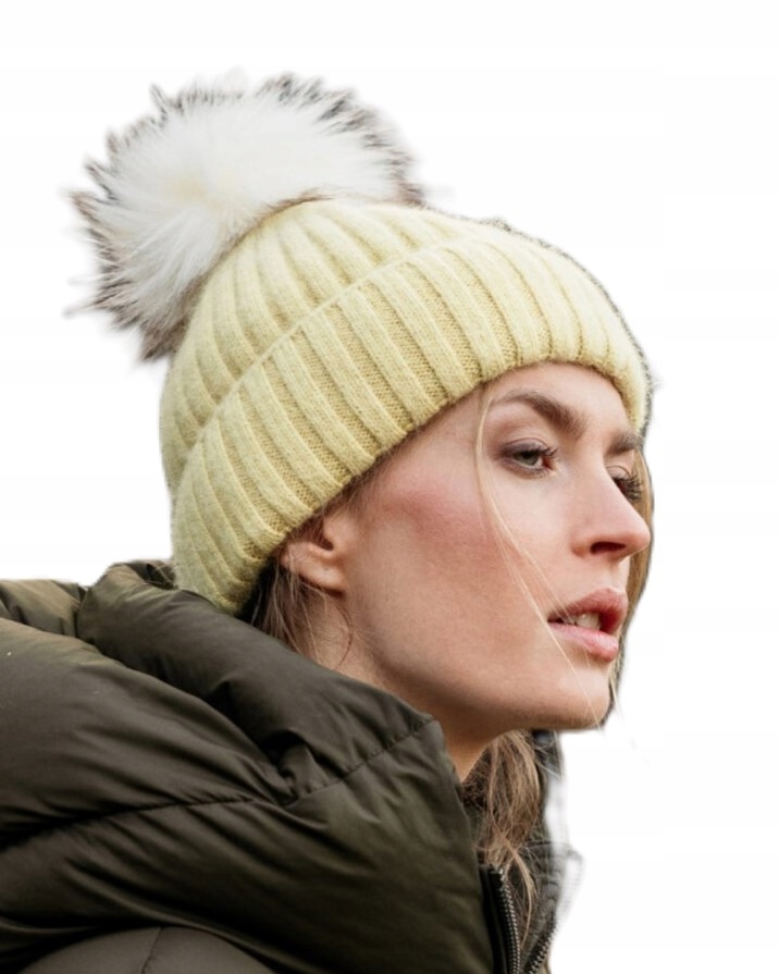 Dámská vlněná čepice s bambulí čepice s ohybem Loman Angora Mora žlutá