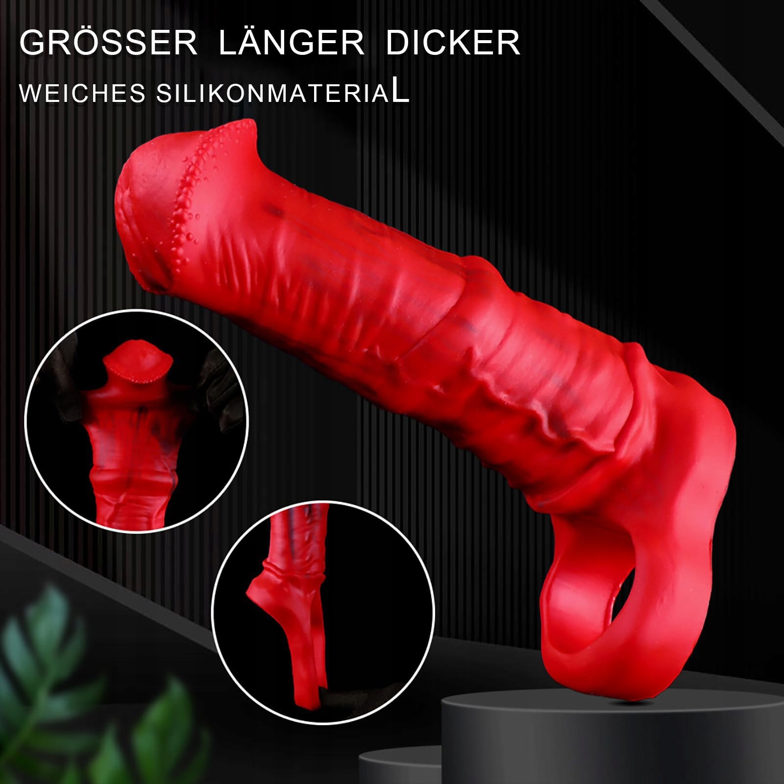 Realistyczny Dildo Koński z Pierścieniem i Strukturą Żył Czerwony — miniatura 3
