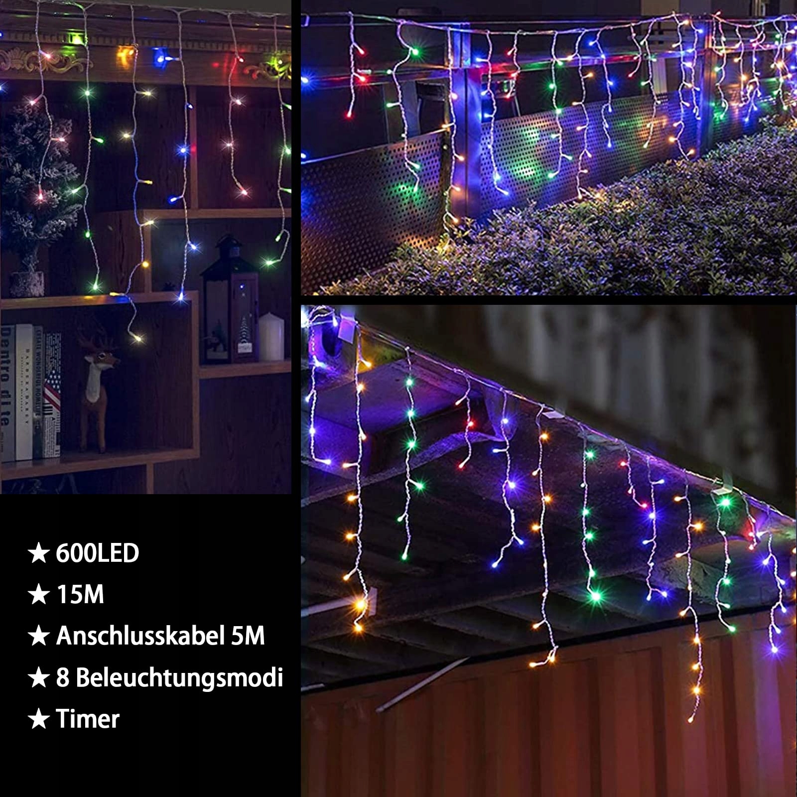 INTERGO Kurtyna Świetlna Zewnętrzna Lampki Kolorowe 8 Trybów 15M 600LED — miniatura 3