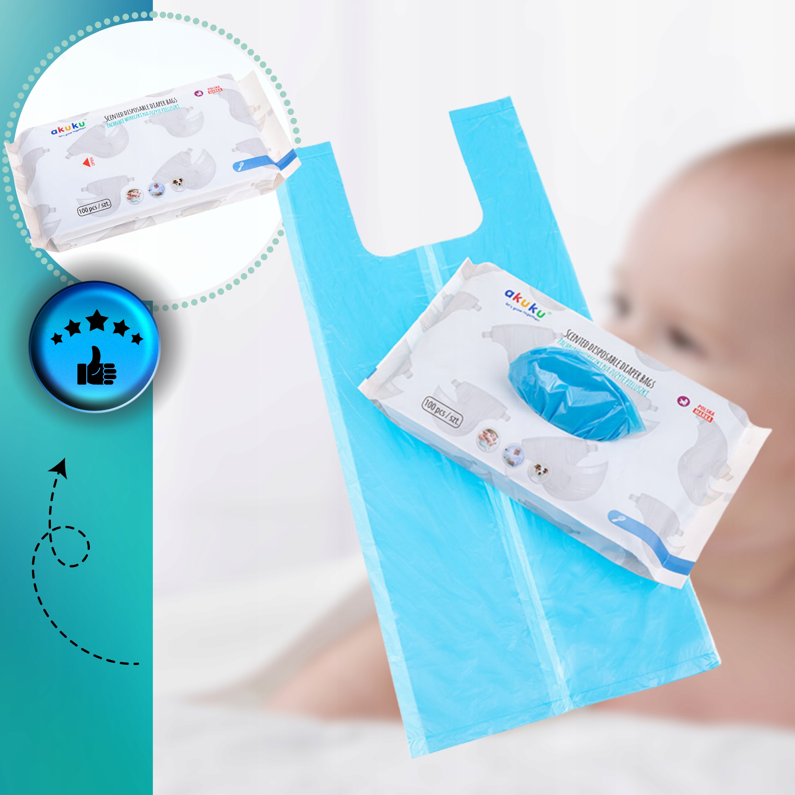 100 szt Pachnące Woreczki Duże Wytrzymałe Worki na zużyte pieluchy AKUKU Cechy dodatkowe pachnące