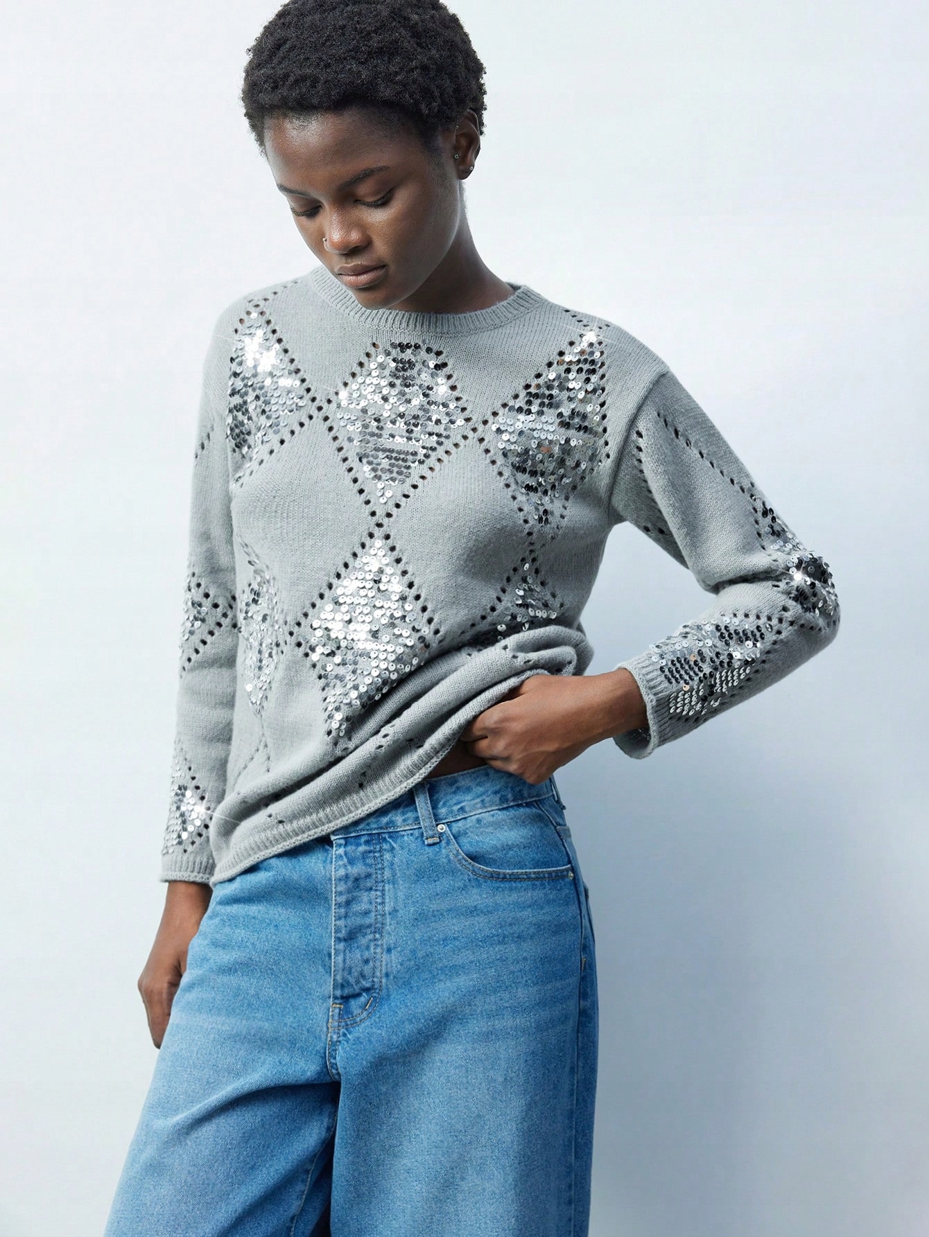 Svetr Prolamovaný S Flitry Jednoduchý Šedý Casual Shein S 36