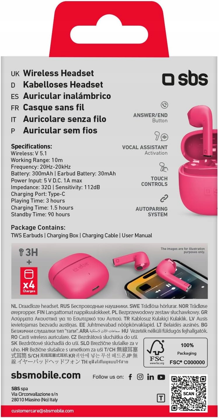 SBS ONE COLOR - SŁUCHAWKI BEZPRZEWODOWE DOKANAŁOWE Z MIKROFONEM Kod producenta 8018417443114