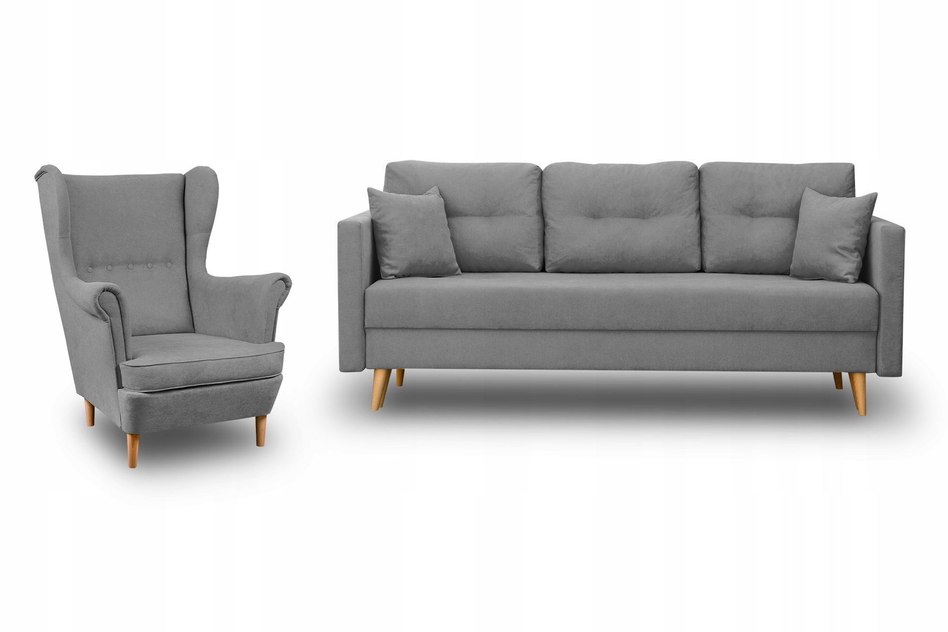 KOMFORTOWY ZESTAW SKANDYNAWSKI SOFA LAHTI + FOTEL USZAK DENVER SZARY