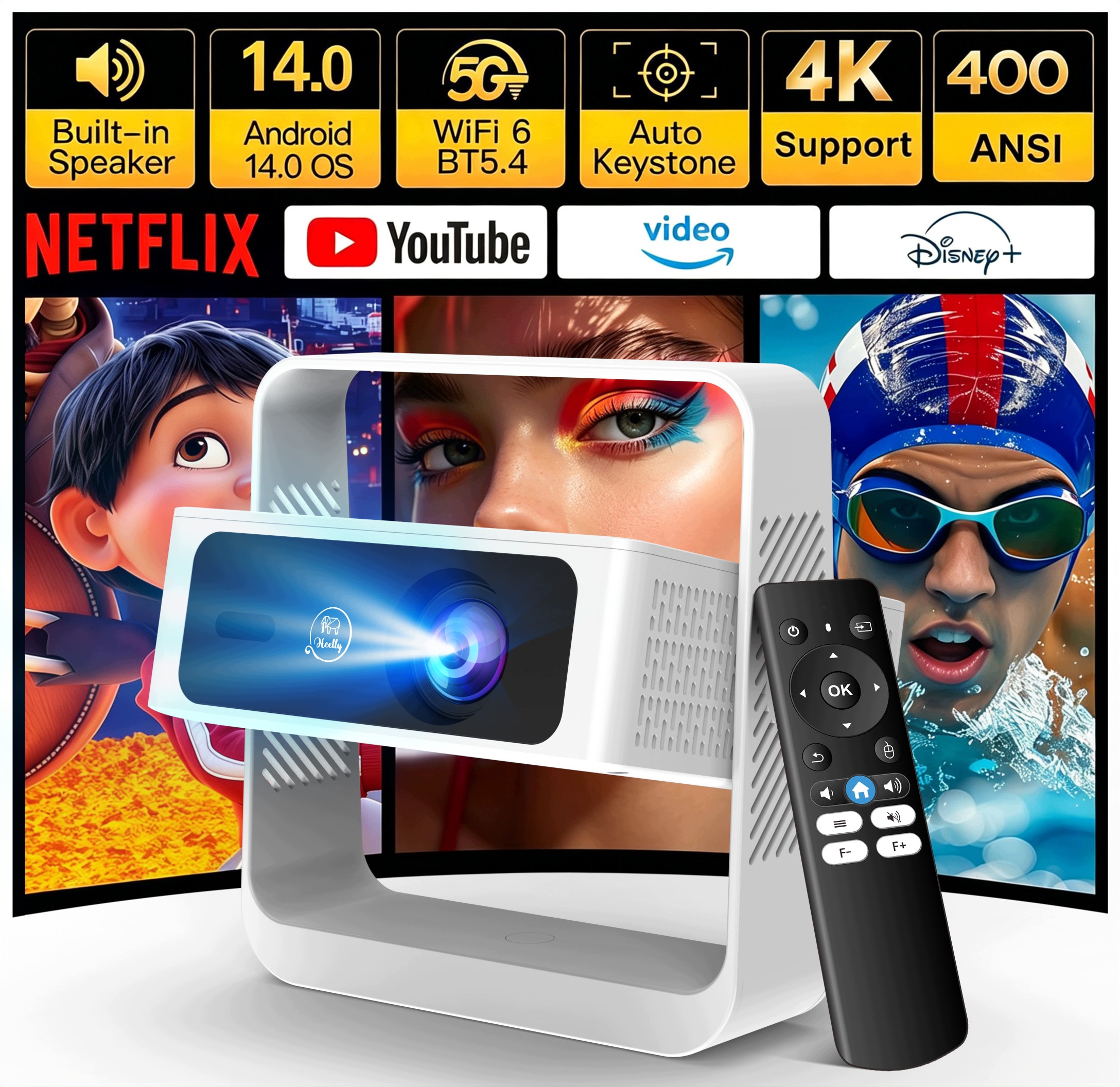 Projektor Premietačka 15000LM 720P Wifi Android 14 Smart Tv 4K Autofocus Heelly