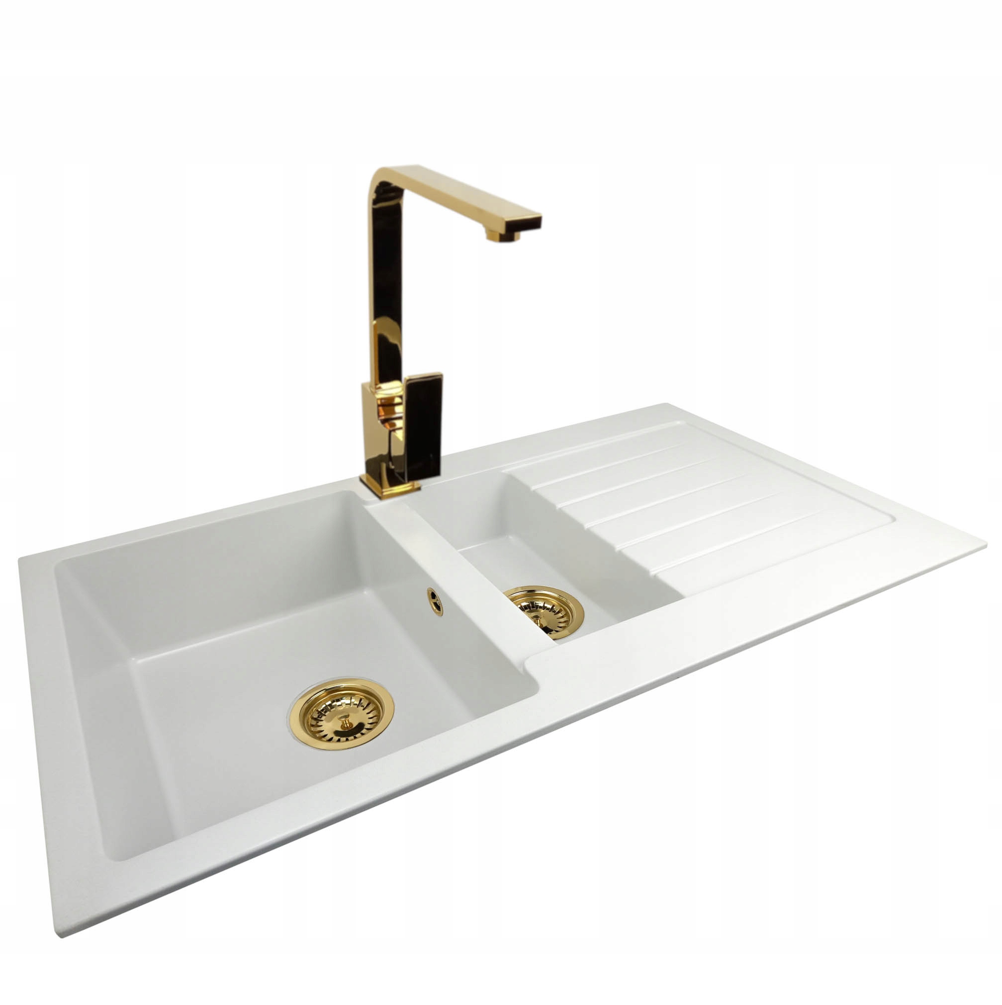 Zlewozmywak Zlew Granitowy Półtorakomorowy 1,5 Komory Złoty Syfon Bateria