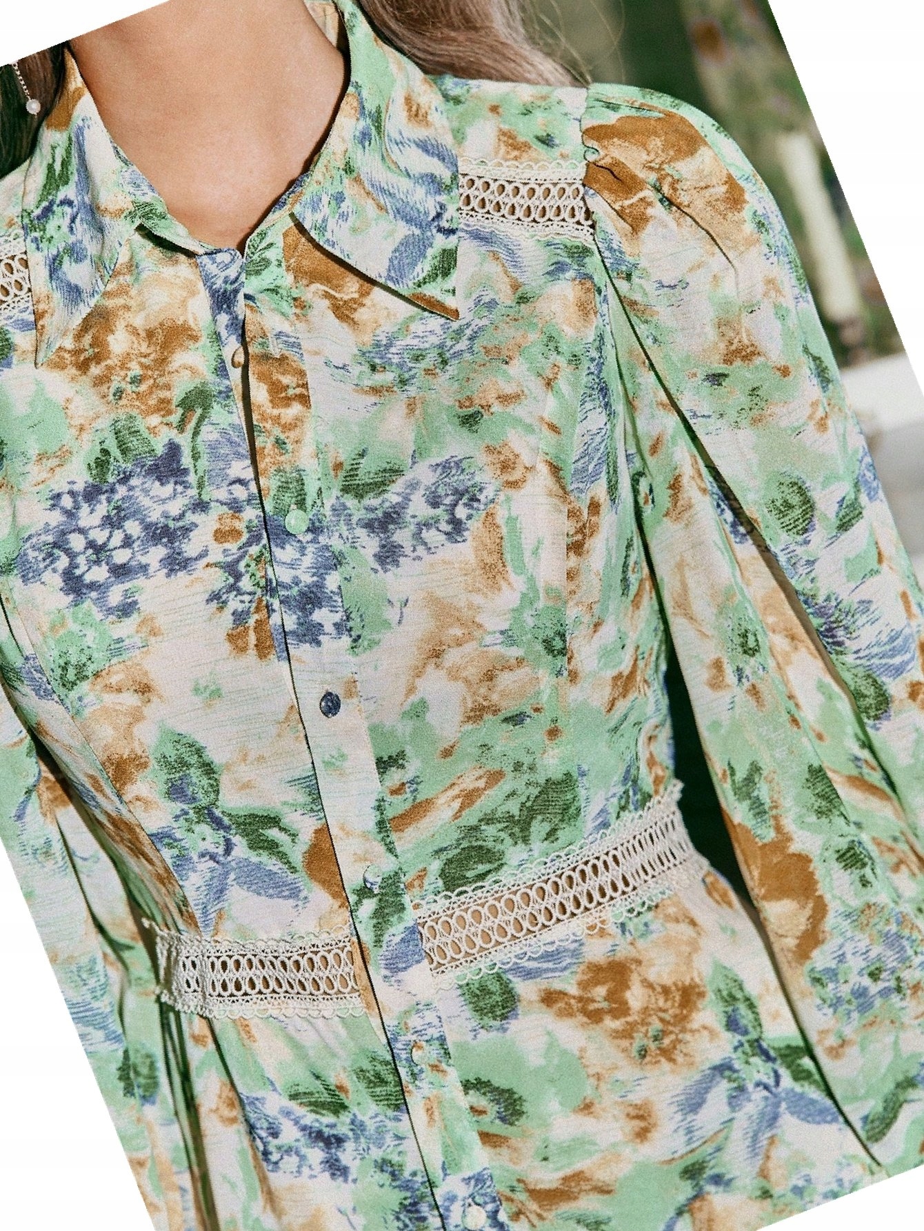 Šaty Košilové Šifonové Večerní s Květiny Bufiaste Rukávy Xs 34