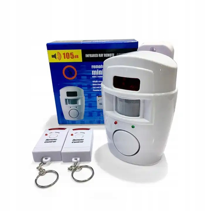 ZESTAW ALARMOWY BEZPRZEWODOWY Z CZUJNIKIEM RUCHU SYRENĄ 105 dB + 2 PILOTY Skład zestawu centrala alarmowa czujka ruchu