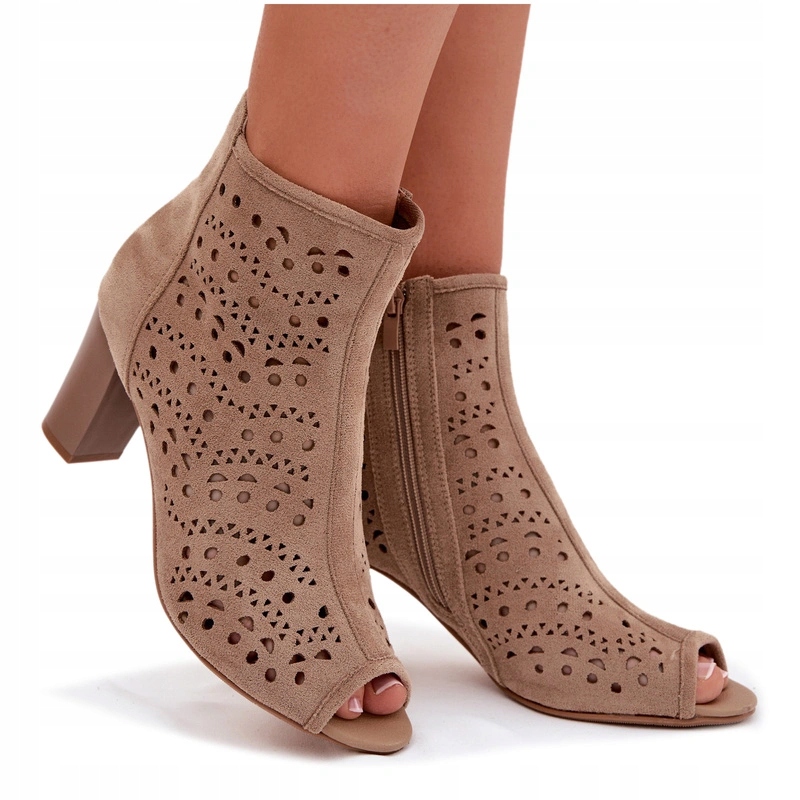 Dámské Kotníkové Boty Ažurové Podpatek Sloupek Výřez Na Prsty Jezzi Béžová 38