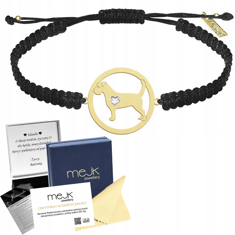 Zlatý náramek Jack Russell Terrier Hrubosrstý 925 Makramé Gravírování