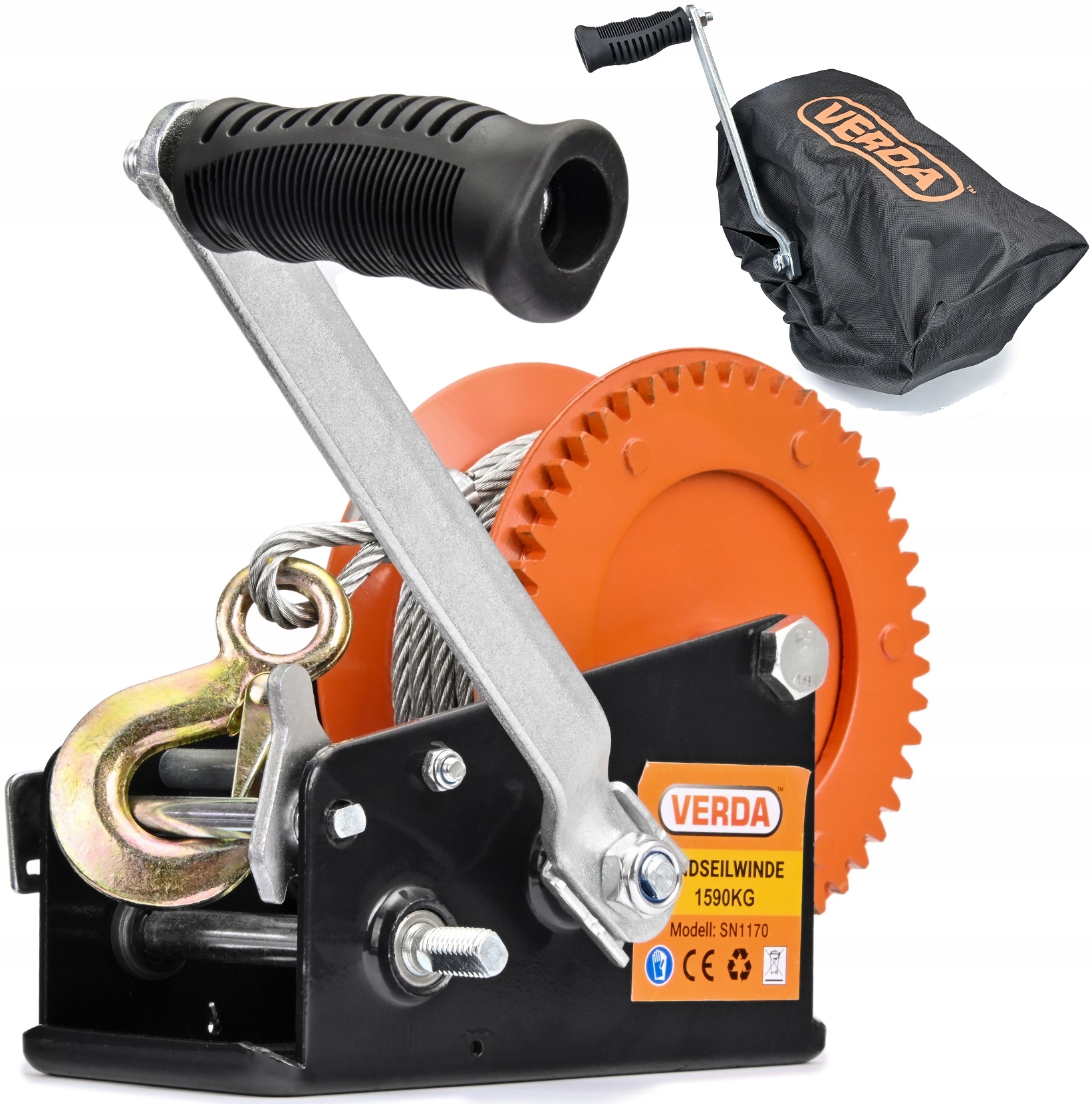 WYCIĄGARKA LINOWA KORBOWA WCIĄGARKA RĘCZNA NA KORBĘ 1588 kg + POKROWIEC