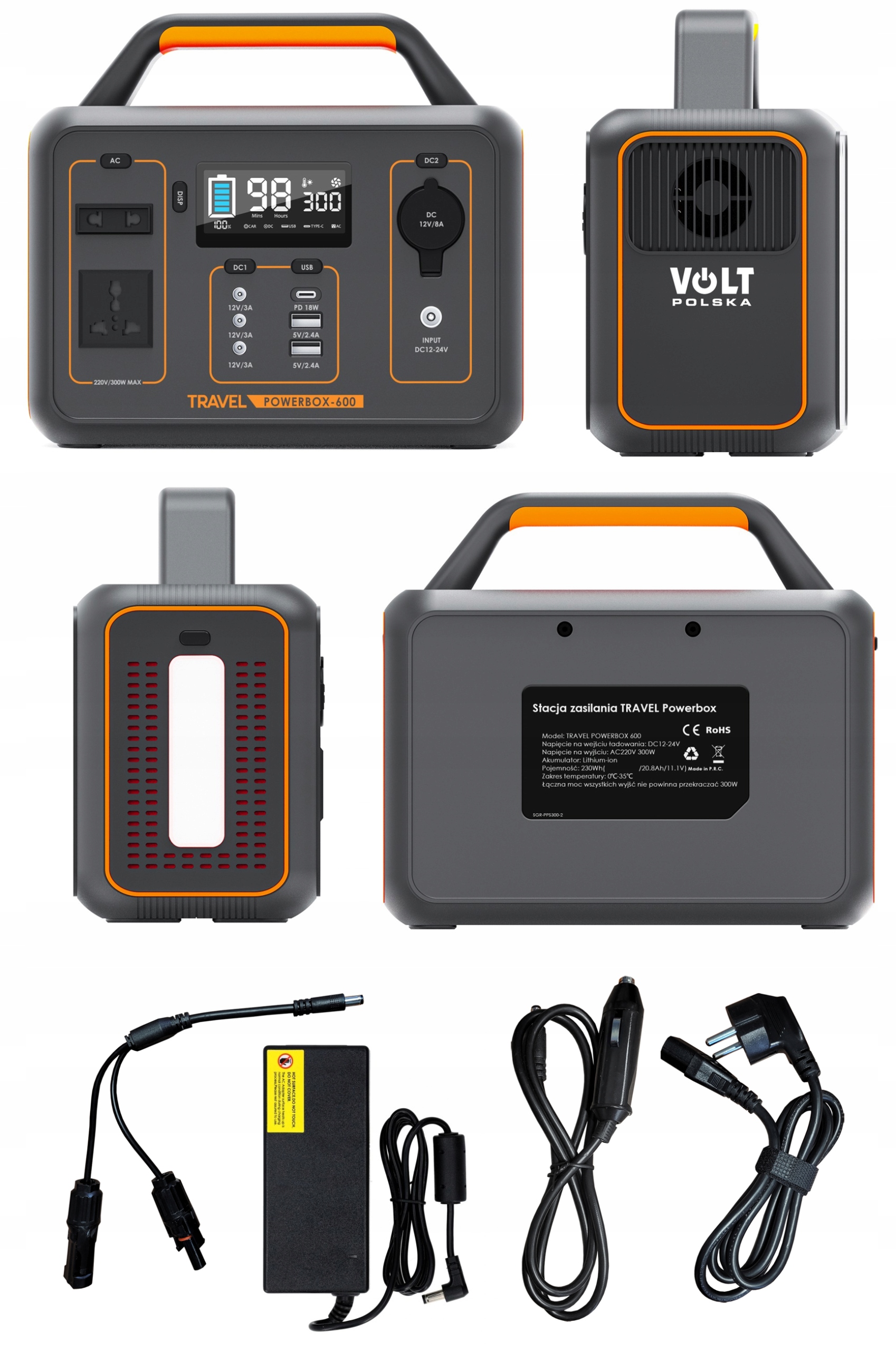 PRZENOŚNA STACJA ZASILANIA 300W/600W UPS SINUS 230V USB LED LCD VOLT POLSKA Złącza USB