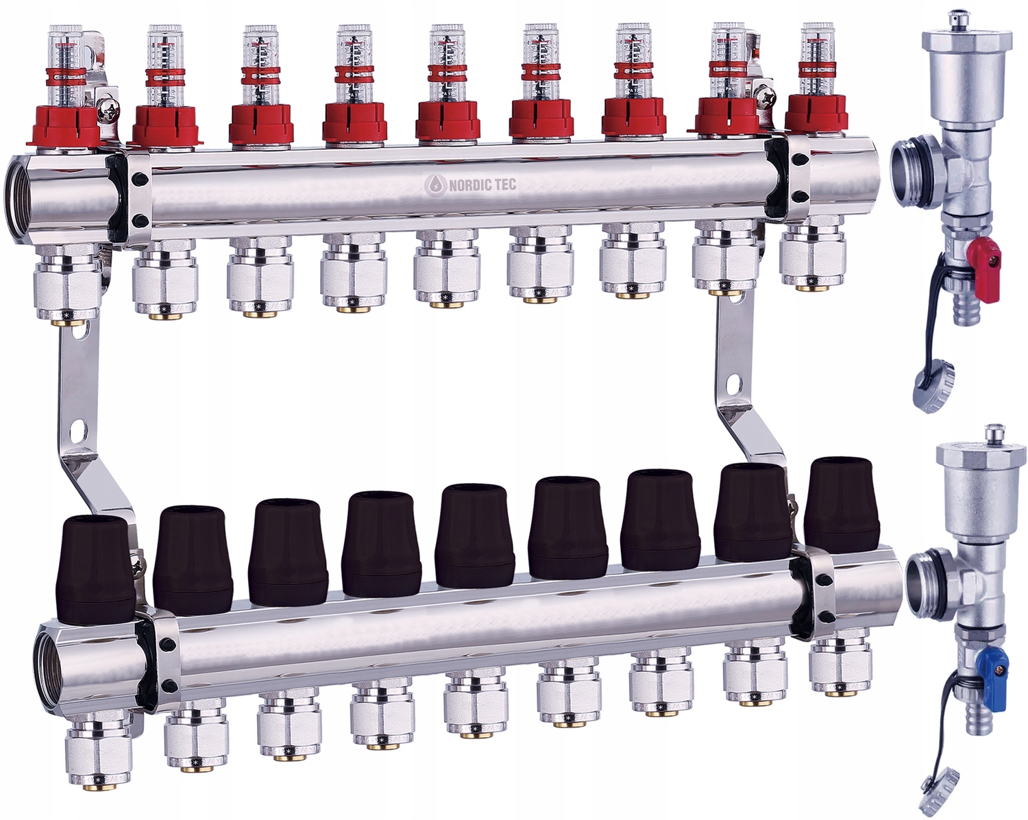 Rozdělovač podlahových krytin 9 okruhů Nordic Tec s konektory Eurokonus 16 x 2 mm