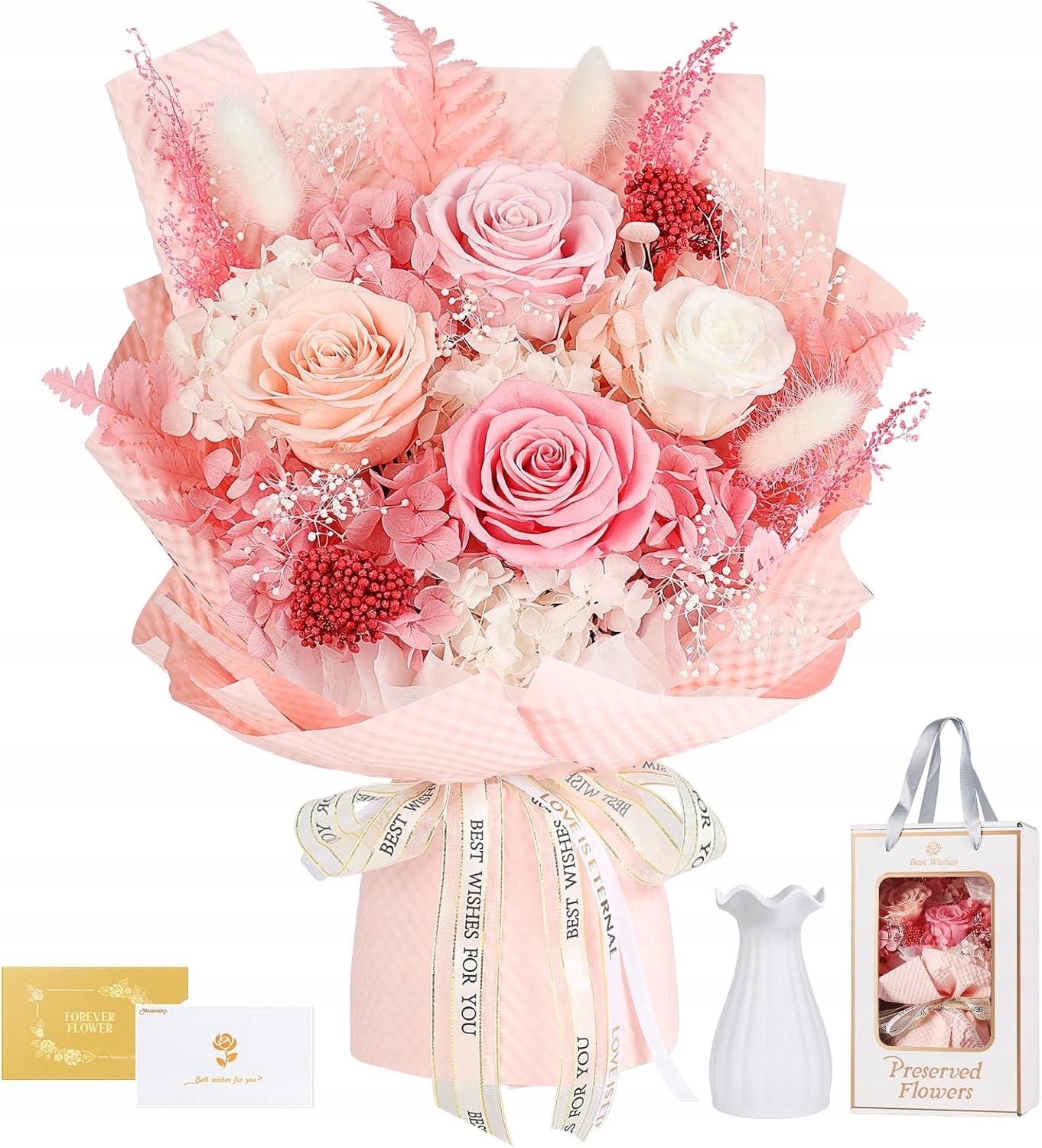 Věčná kytice růží s vázou, pravé růže, elegantní dárek