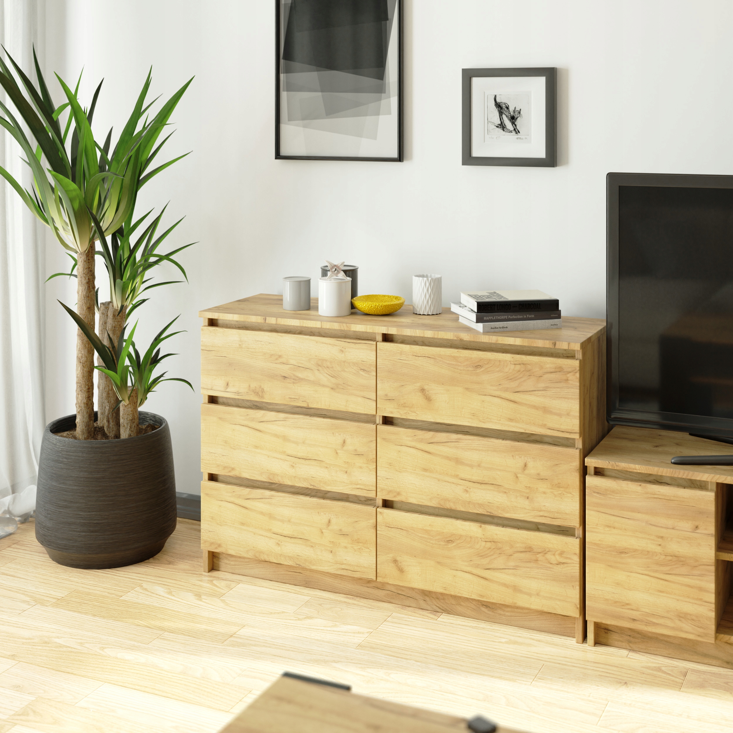 KOMODA SZAFKA 120CM 6 SZUFLAD DĄB CRAFT ZŁOTY Szerokość mebla 120 cm