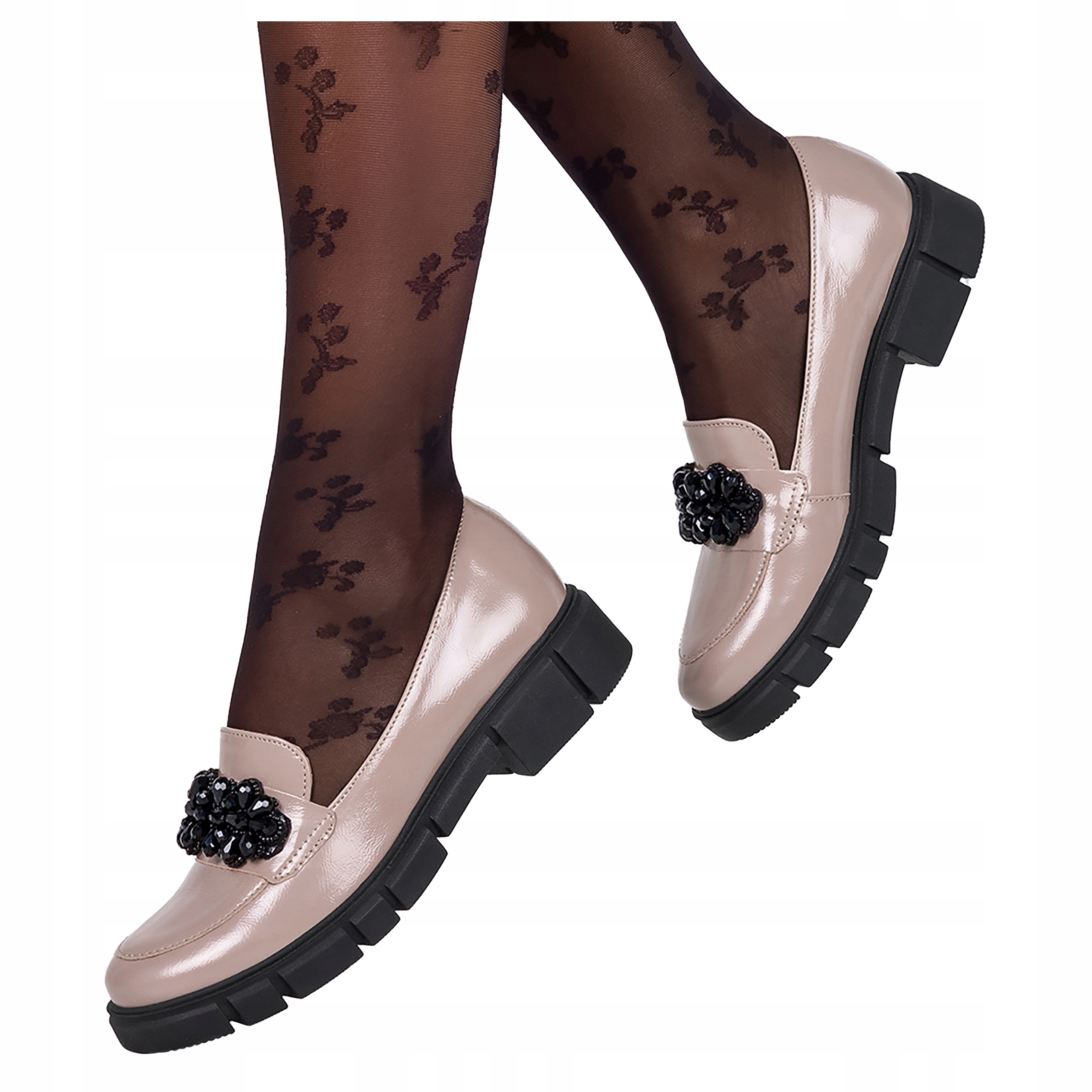 Kožené Béžové lakované mokasíny s krystaly Polský Výrobek vel. 36