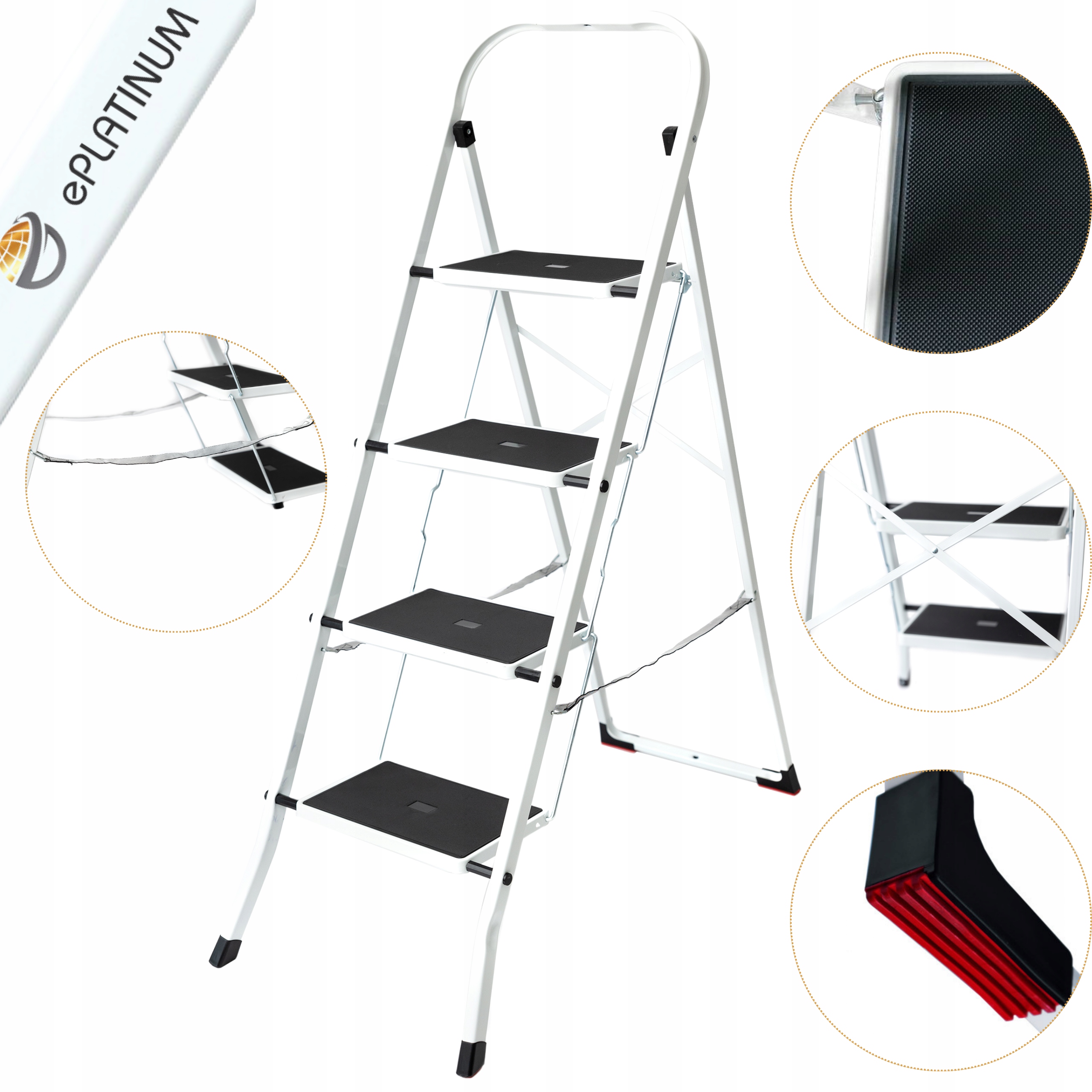 Žebřík 4STUPŇOVÝ Skládací Ocelový Žebřík 150 kg Pevný Bílý