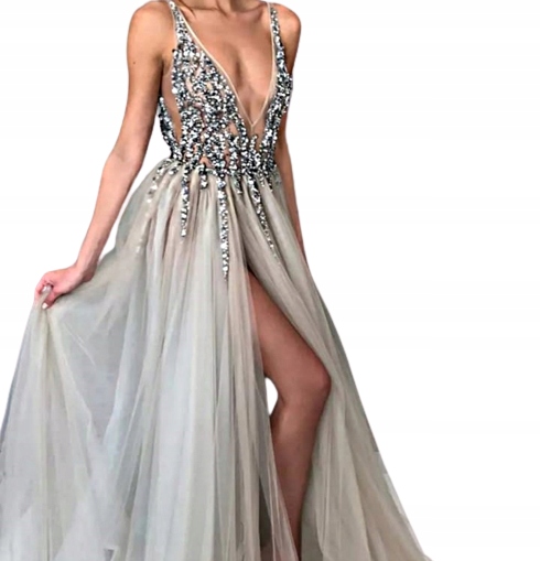 MD šedé šaty tyl maxi kameny L/40